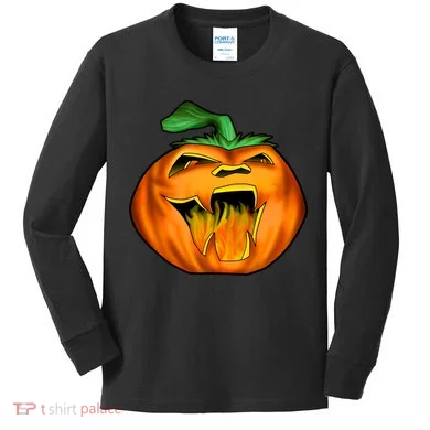 Fanged Fire Jack O' Lantern Pumpkin Halloween Kids Long Sleeve Shirt