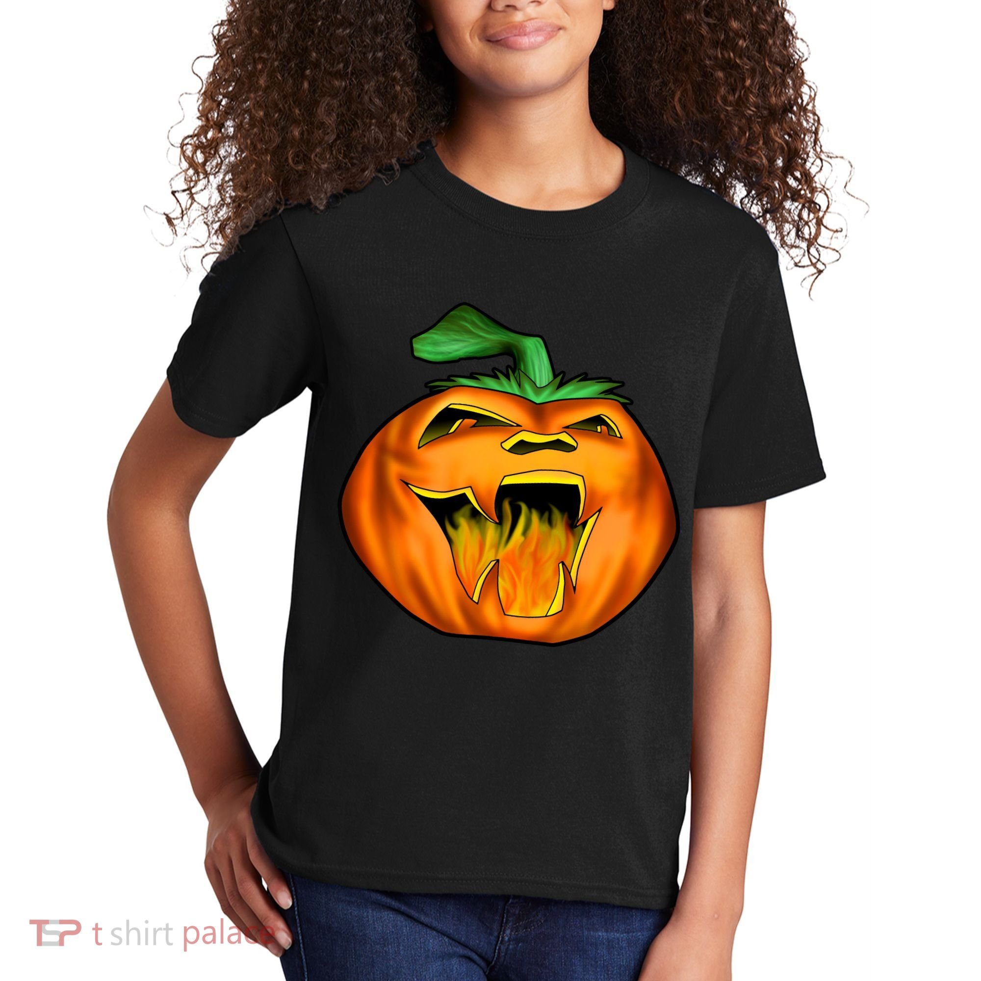 Fanged Fire Jack O' Lantern Pumpkin Halloween Kids T-Shirt