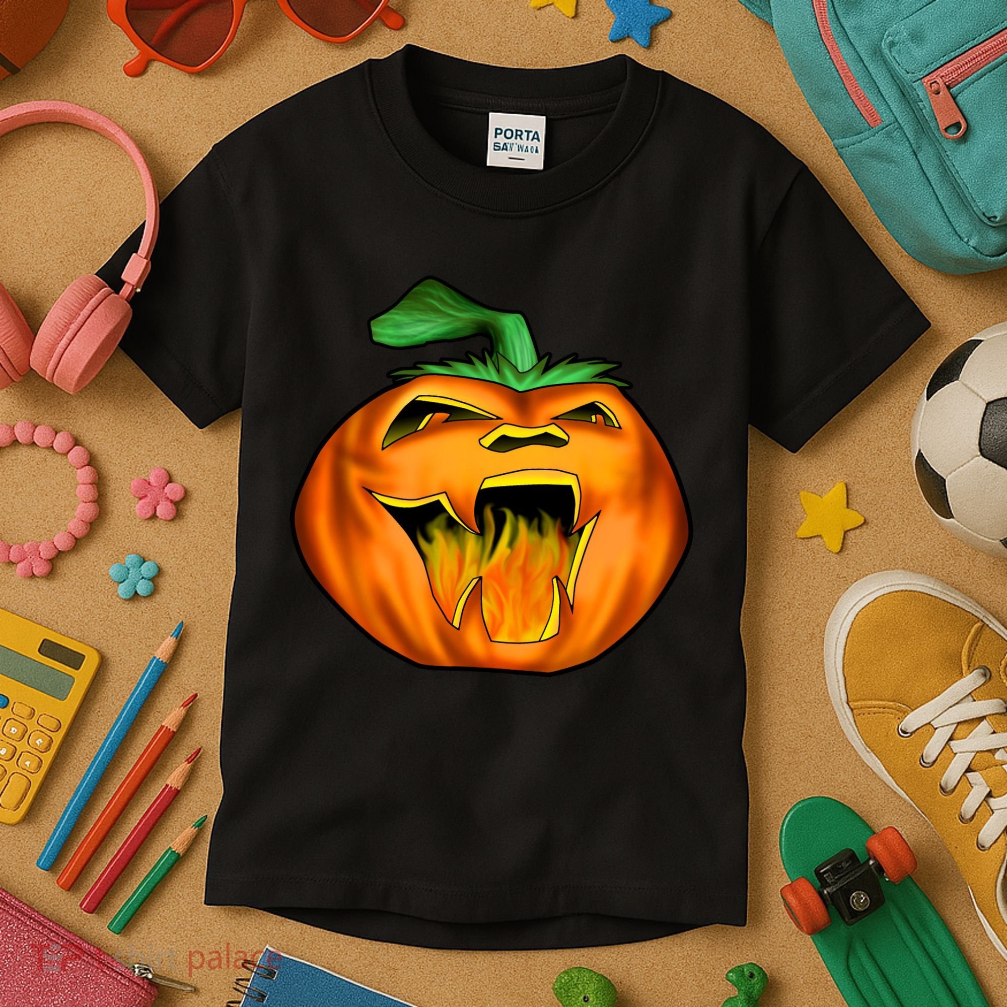 Fanged Fire Jack O' Lantern Pumpkin Halloween Kids T-Shirt