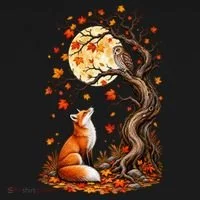 Fox And Owl Autumn Fall Button thumb 1