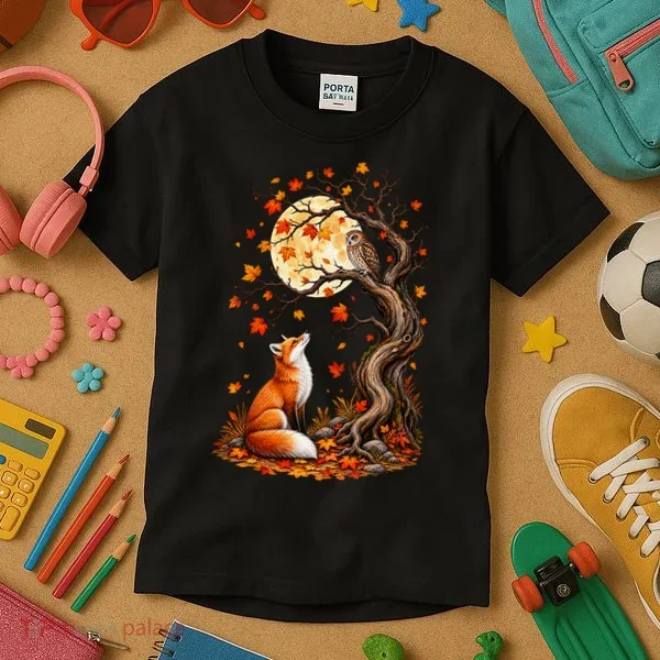 Fox And Owl Autumn Fall Kids T-Shirt