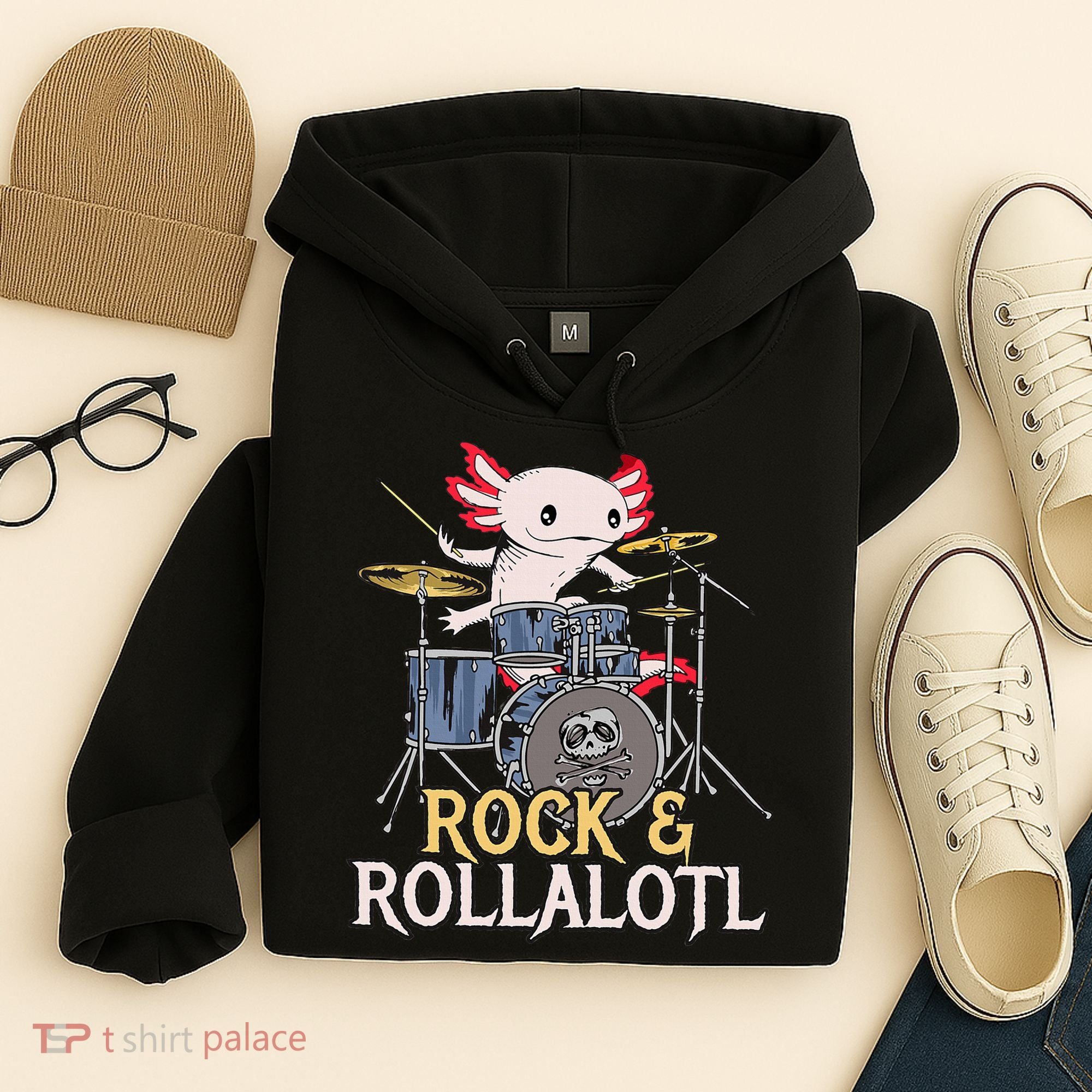 Funny Axolotl Playing Drums Rock Drummer Band Musician Hoodie