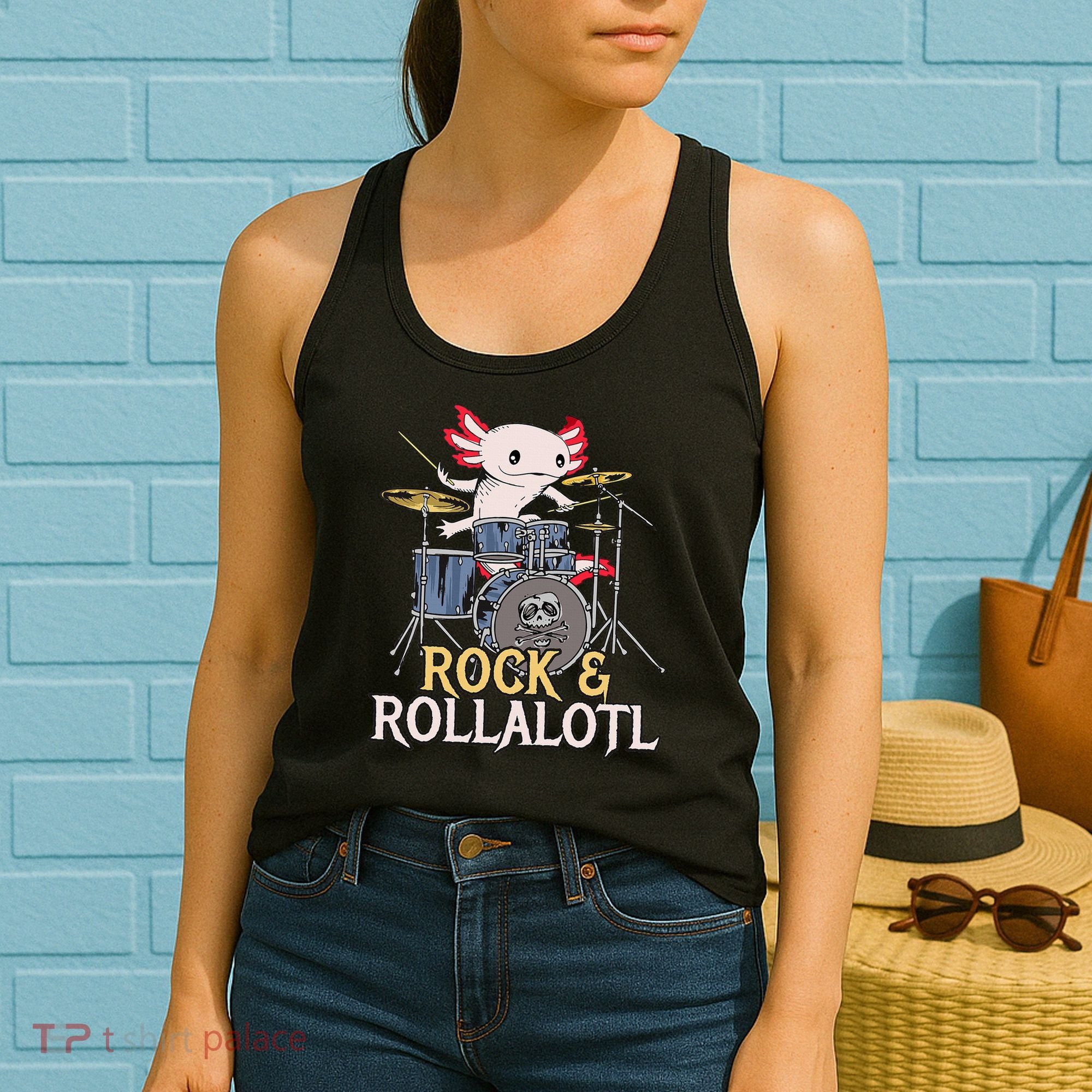 Funny Axolotl Playing Drums Rock Drummer Band Musician Women's Tank Top