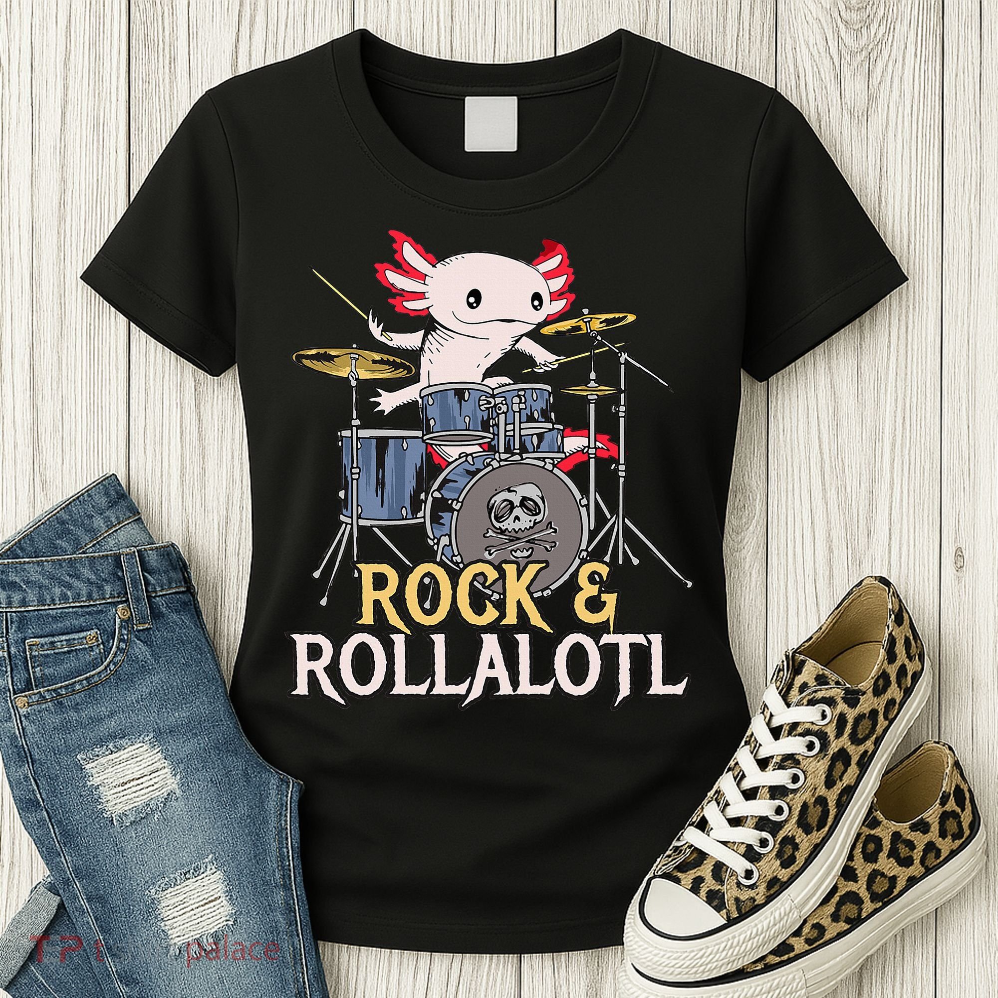 Funny Axolotl Playing Drums Rock Drummer Band Musician Women's T-Shirt