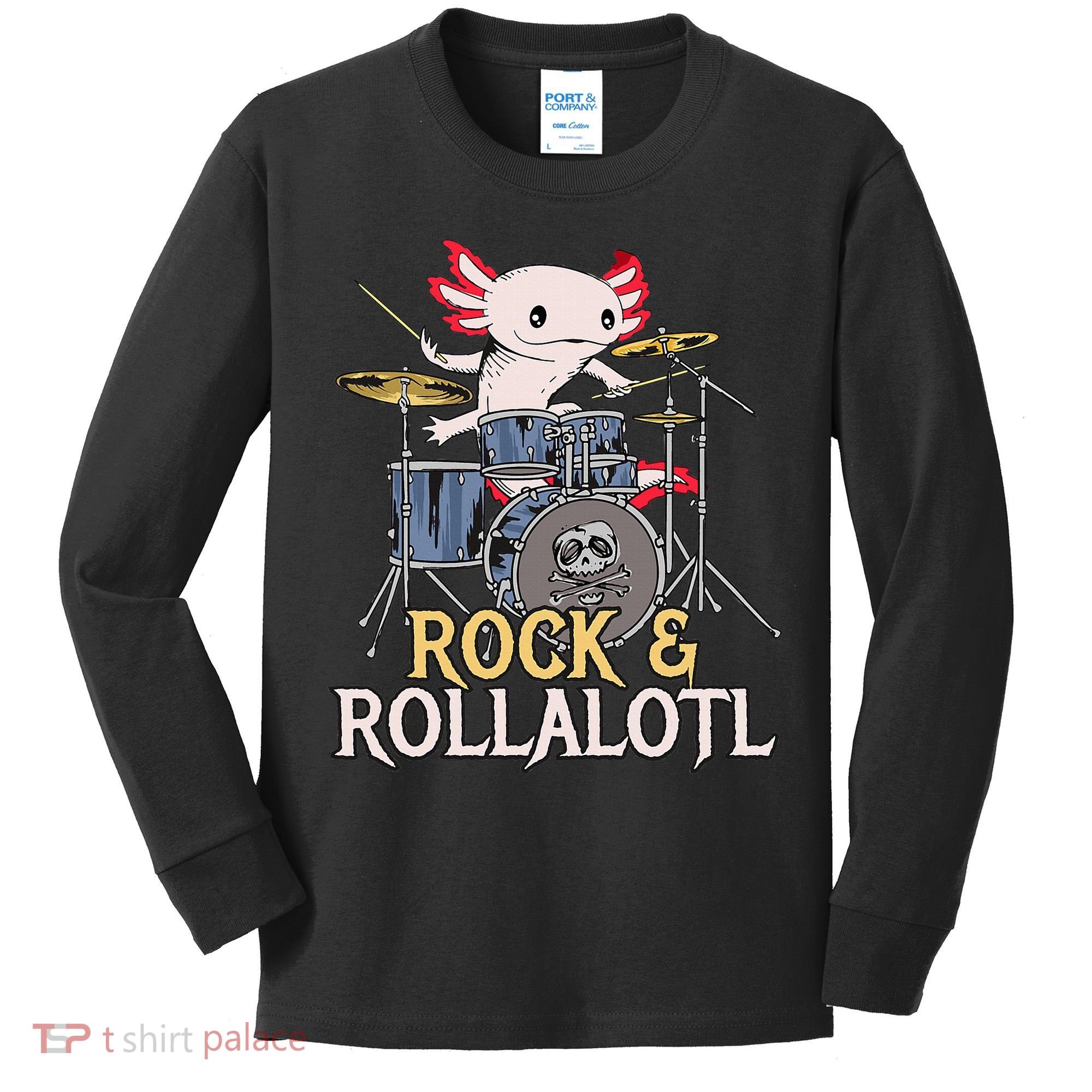 Funny Axolotl Playing Drums Rock Drummer Band Musician Kids Long Sleeve Shirt