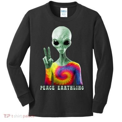 Funny Alien Peace Sign Tie Dye Peace Earthling Kids Long Sleeve Shirt