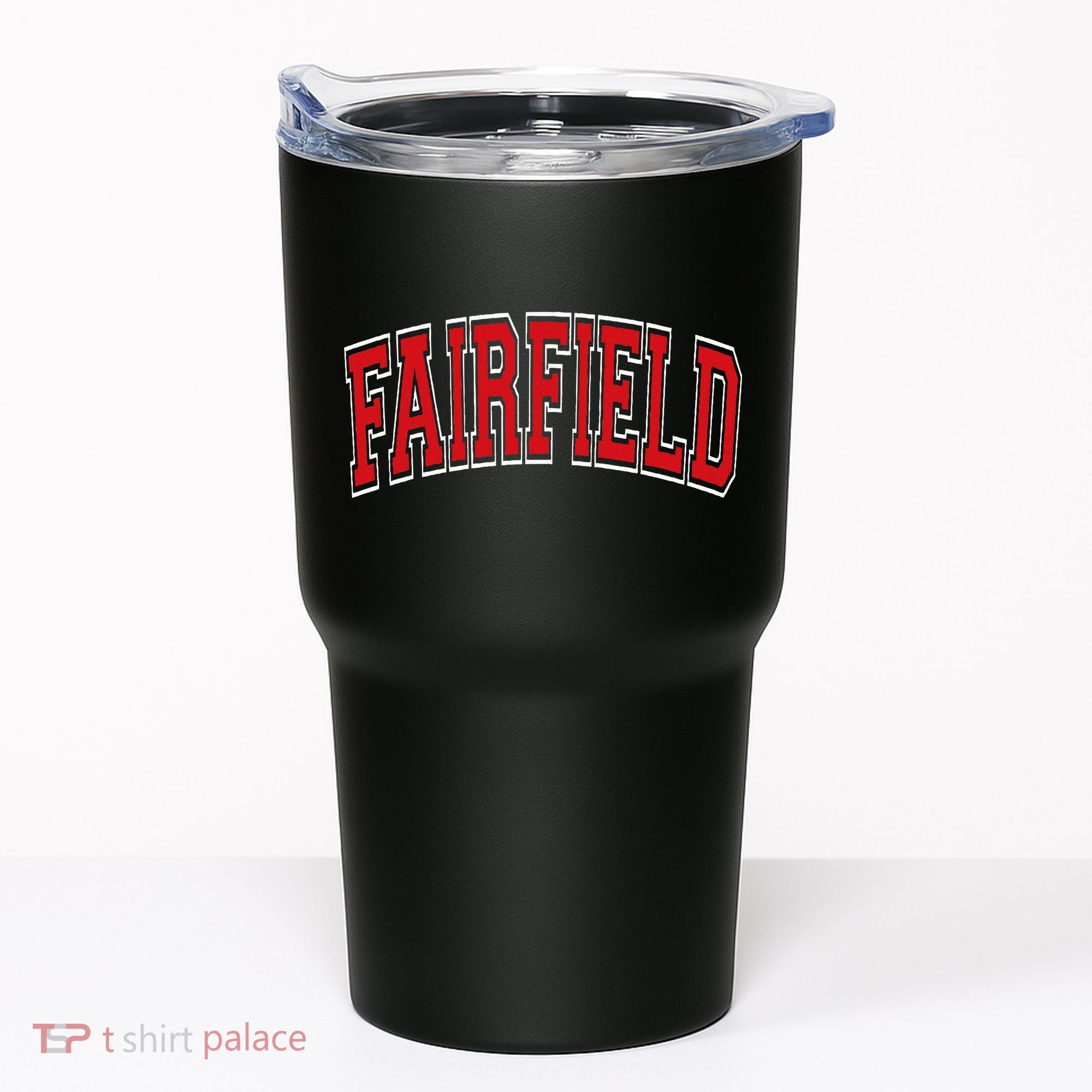 Fairfield Arched Red Text Tumbler