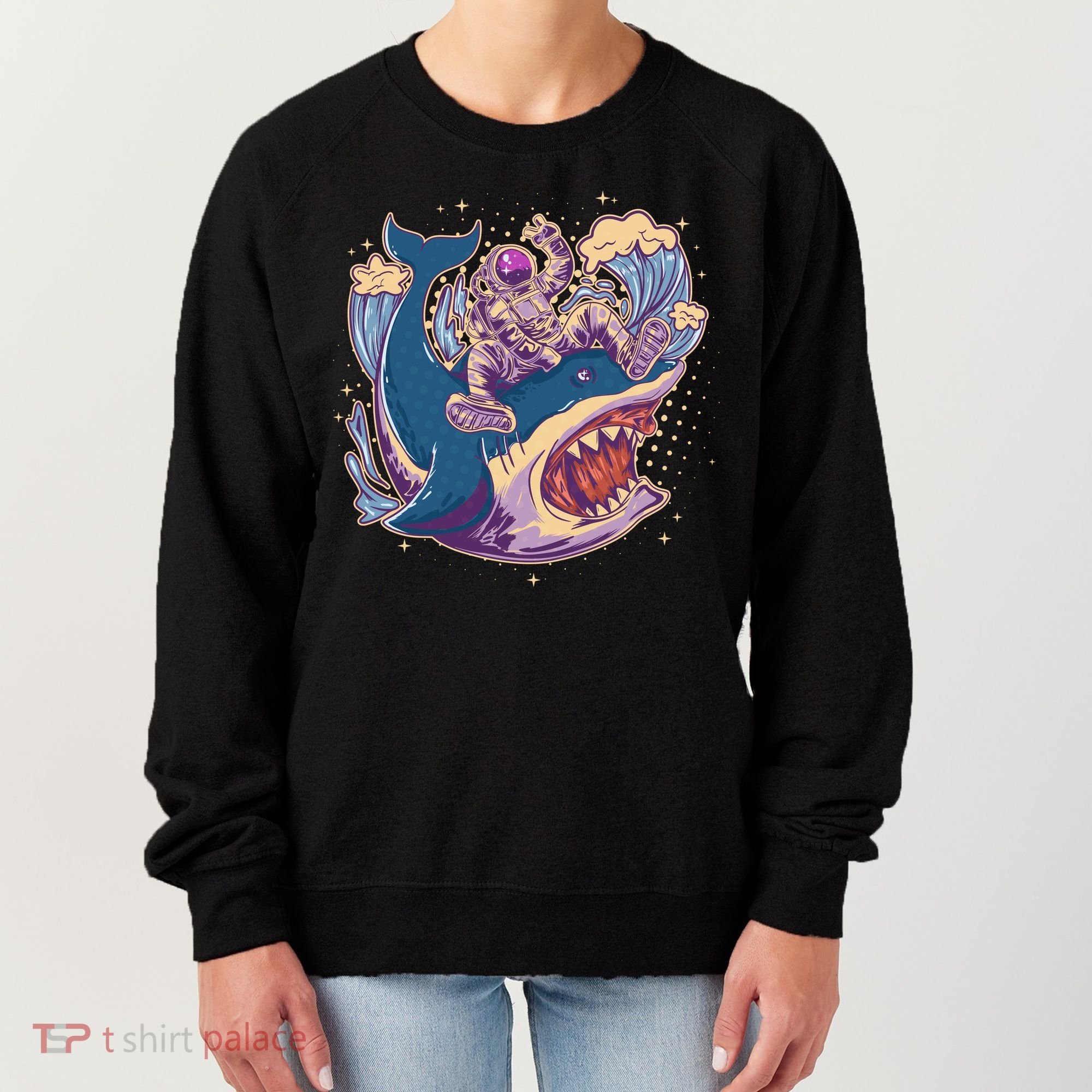 Funny Astronaut Riding Shark Women's Sweatshirt