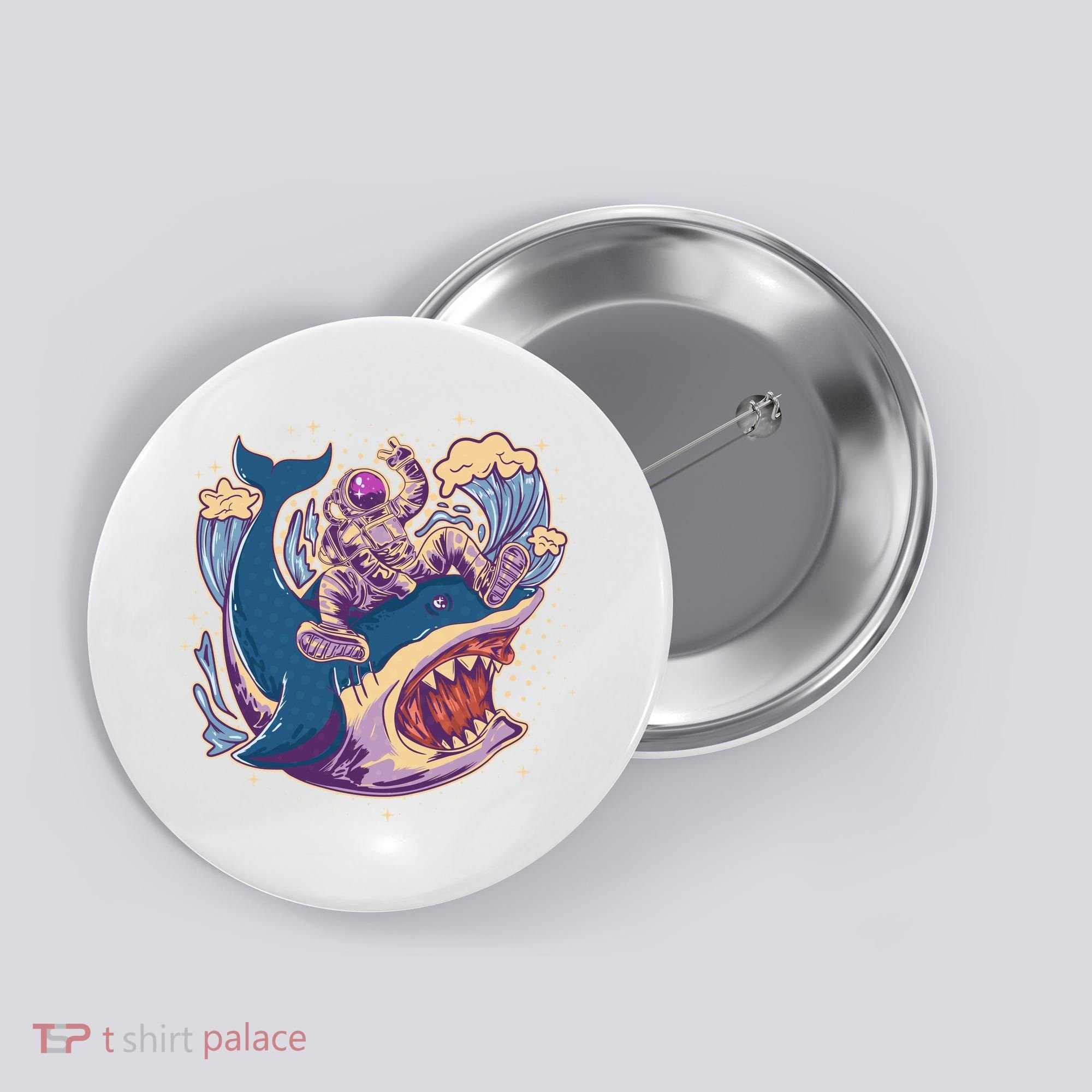 Funny Astronaut Riding Shark Button
