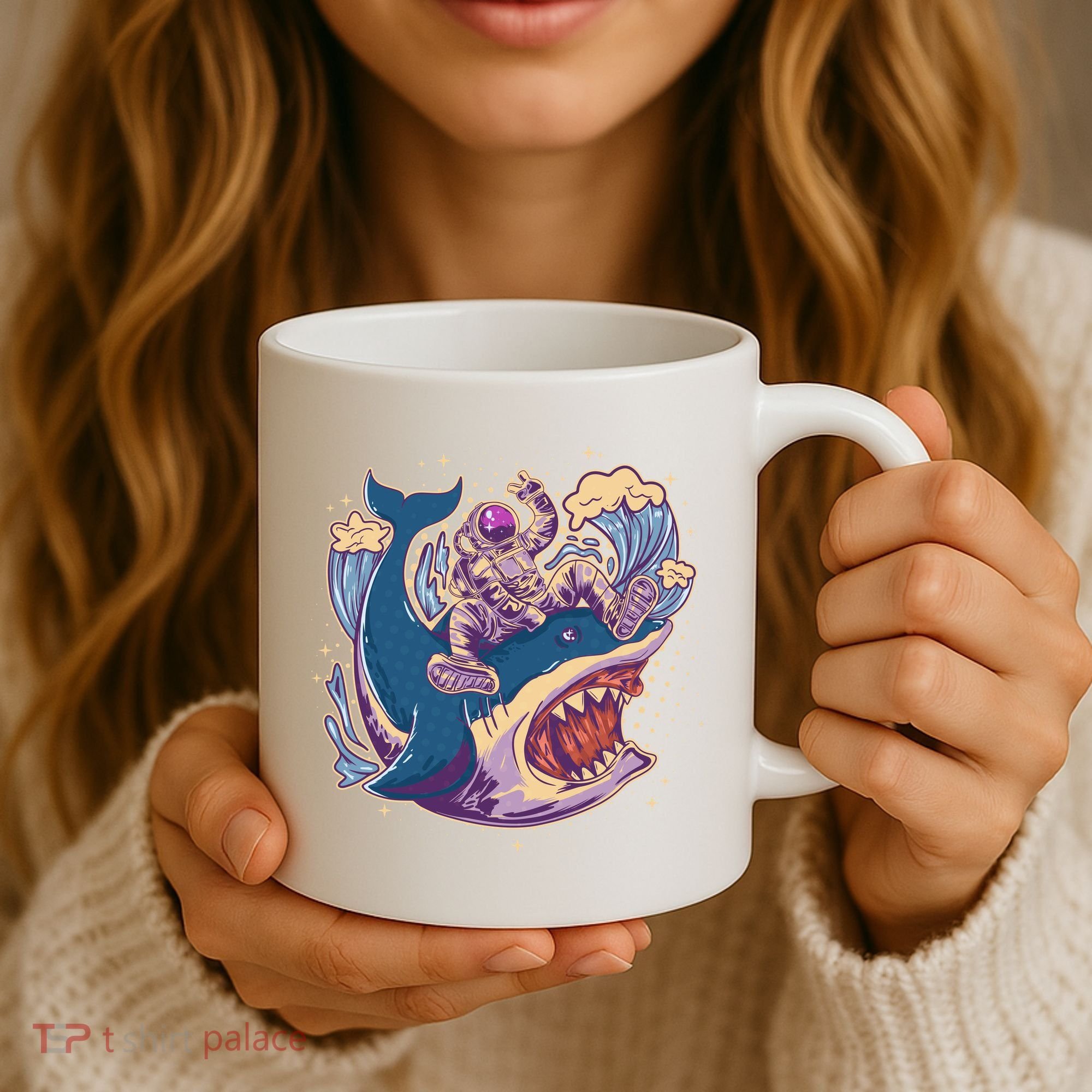 Funny Astronaut Riding Shark Coffee Mug