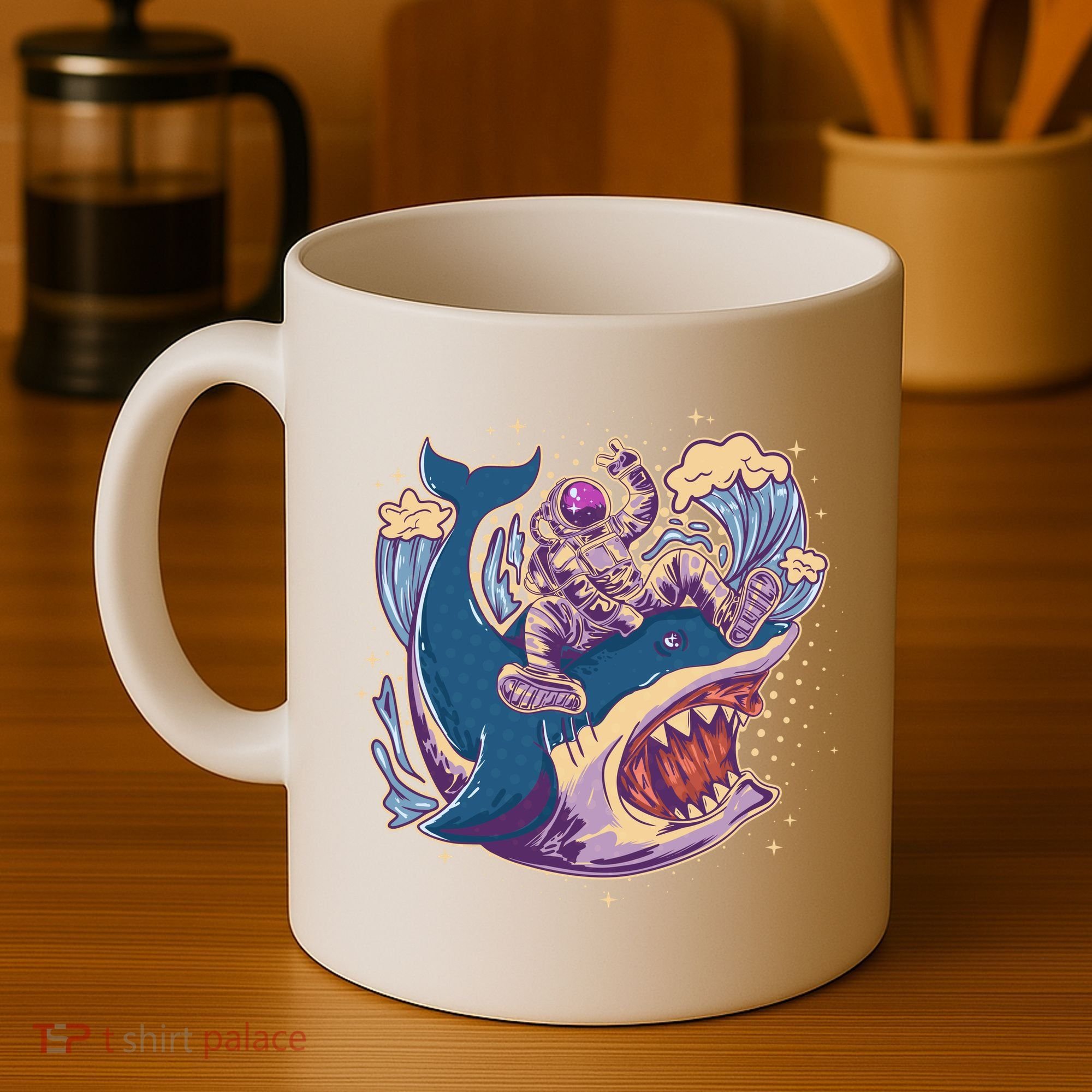 Funny Astronaut Riding Shark Coffee Mug