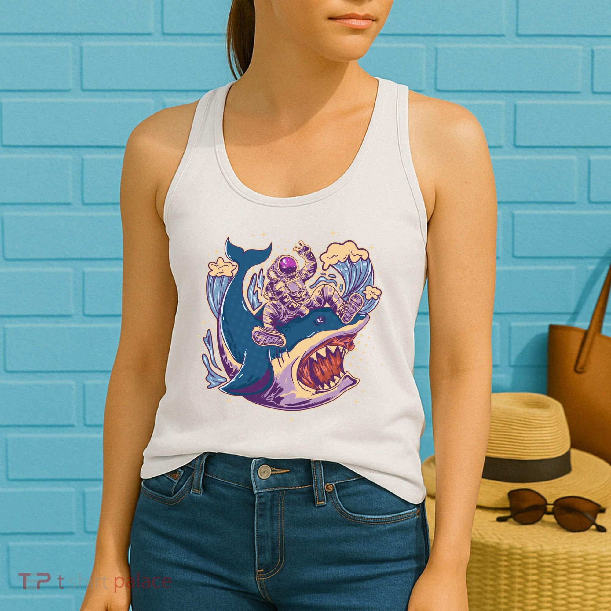 Funny Astronaut Riding Shark Women's Tank Top