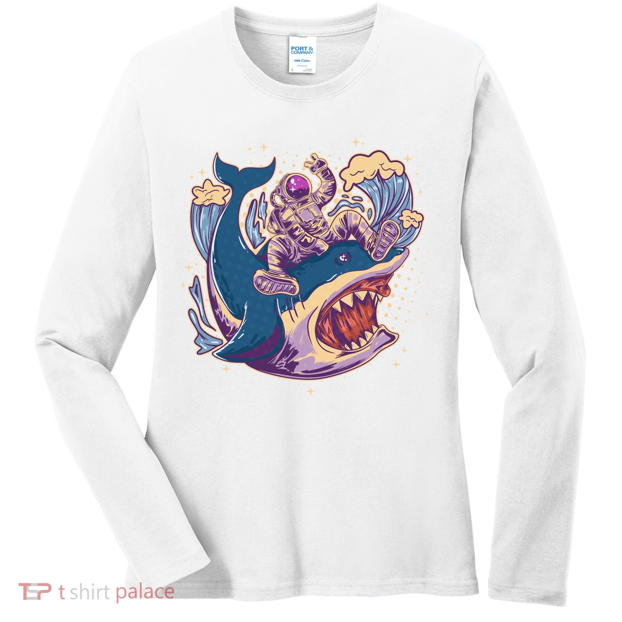 Funny Astronaut Riding Shark Women's Long Sleeve Shirt