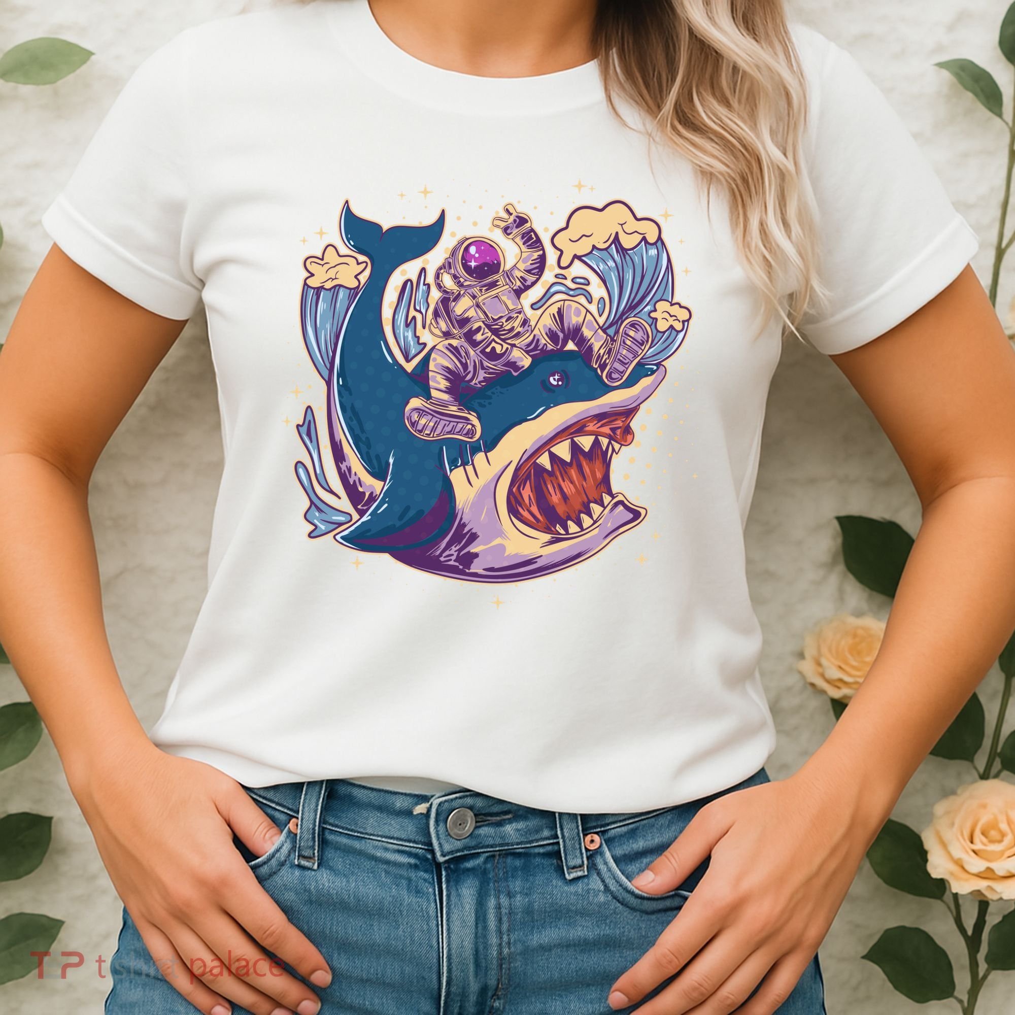 Funny Astronaut Riding Shark Women's T-Shirt