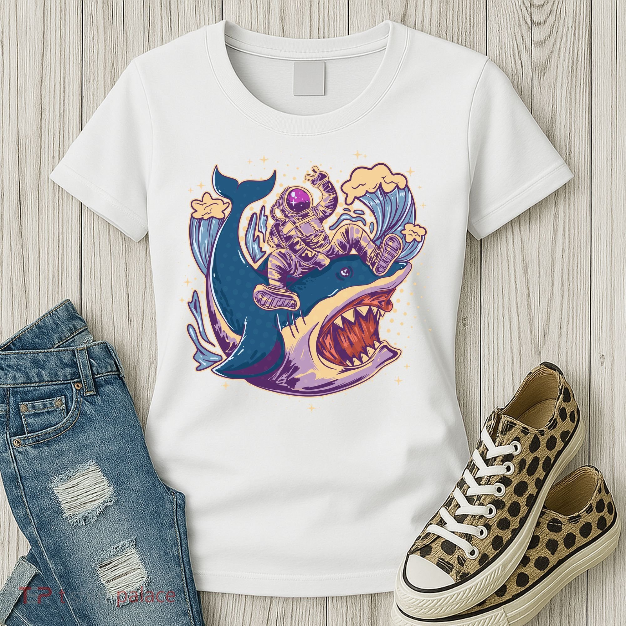 Funny Astronaut Riding Shark Women's T-Shirt