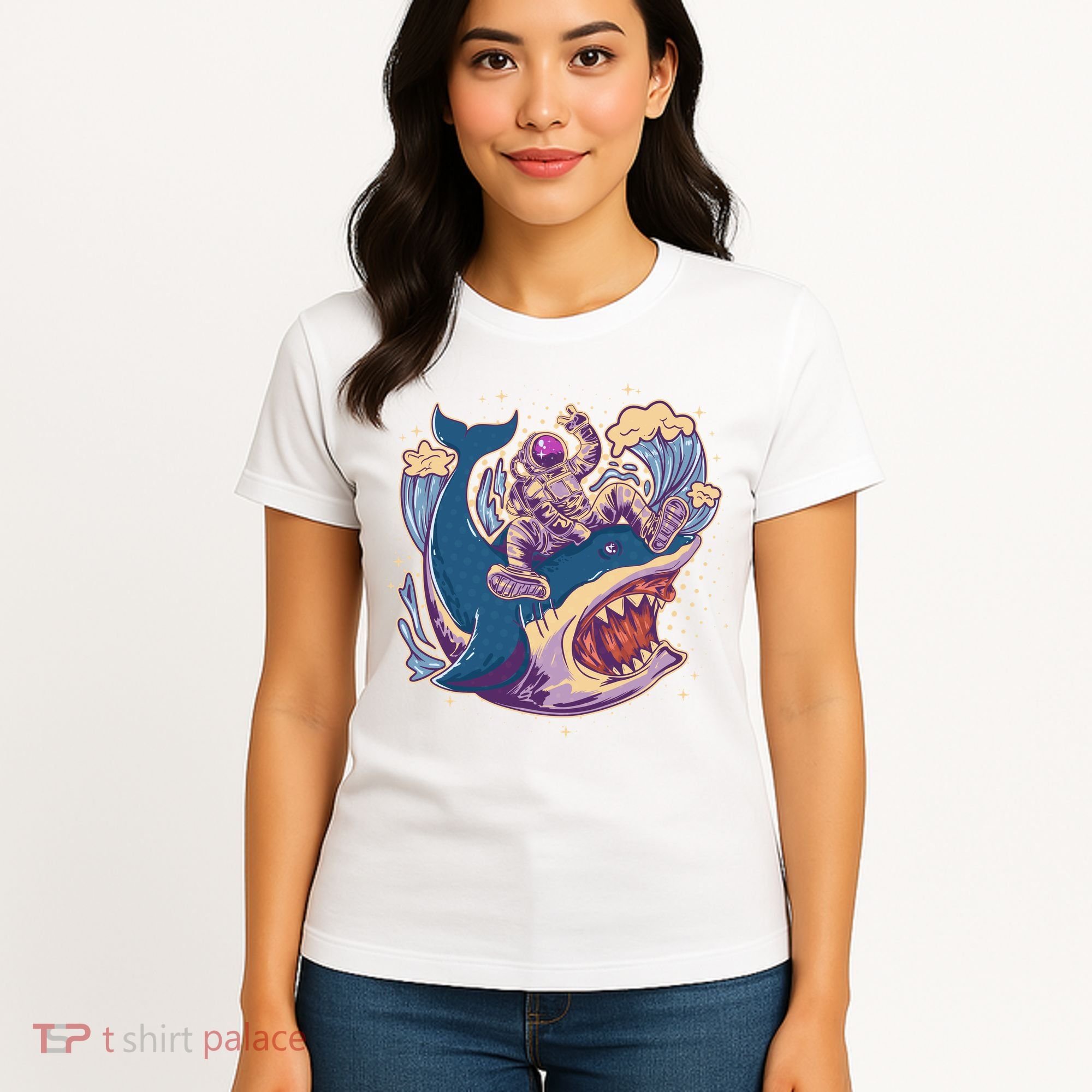 Funny Astronaut Riding Shark Women's T-Shirt