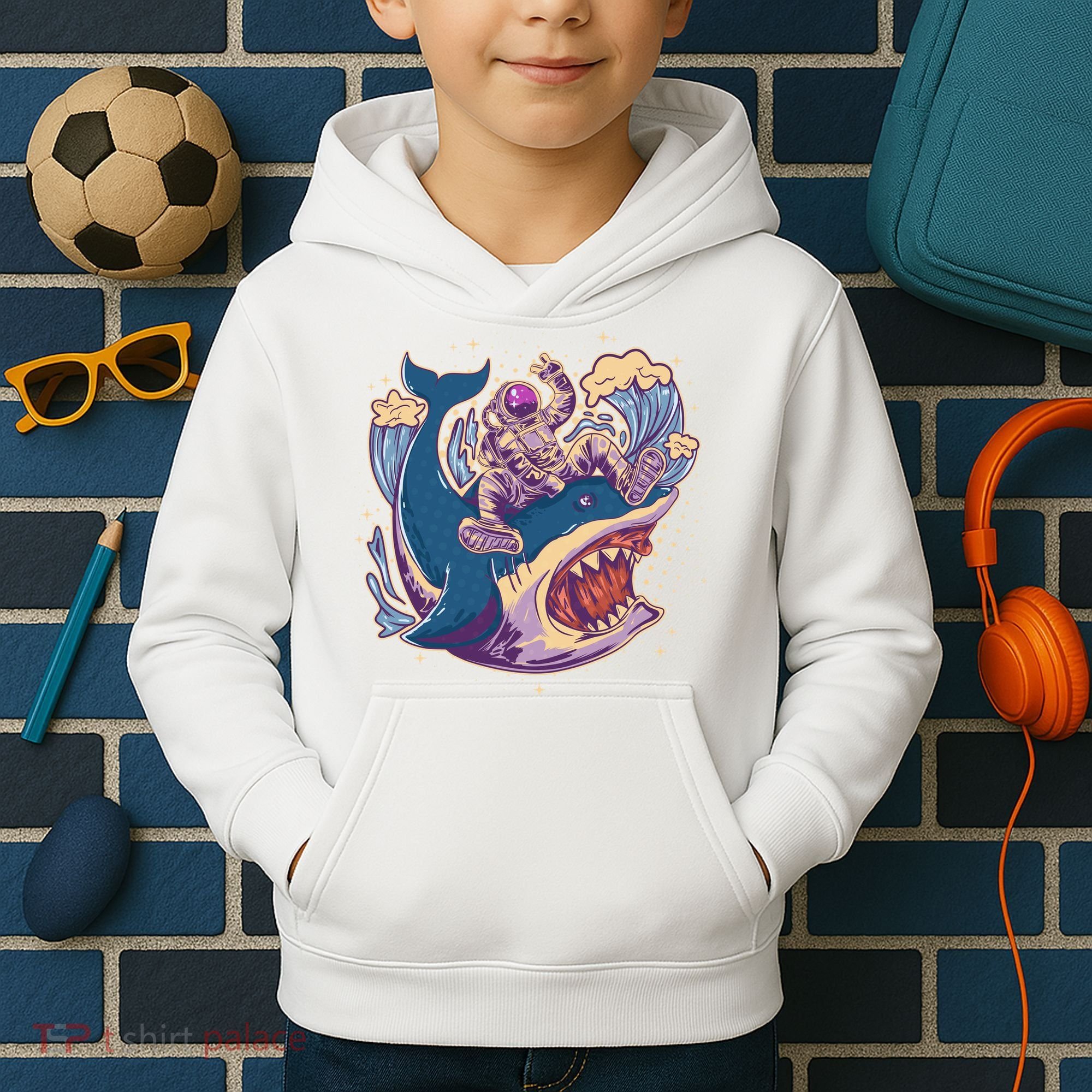 Funny Astronaut Riding Shark Kids Hoodie