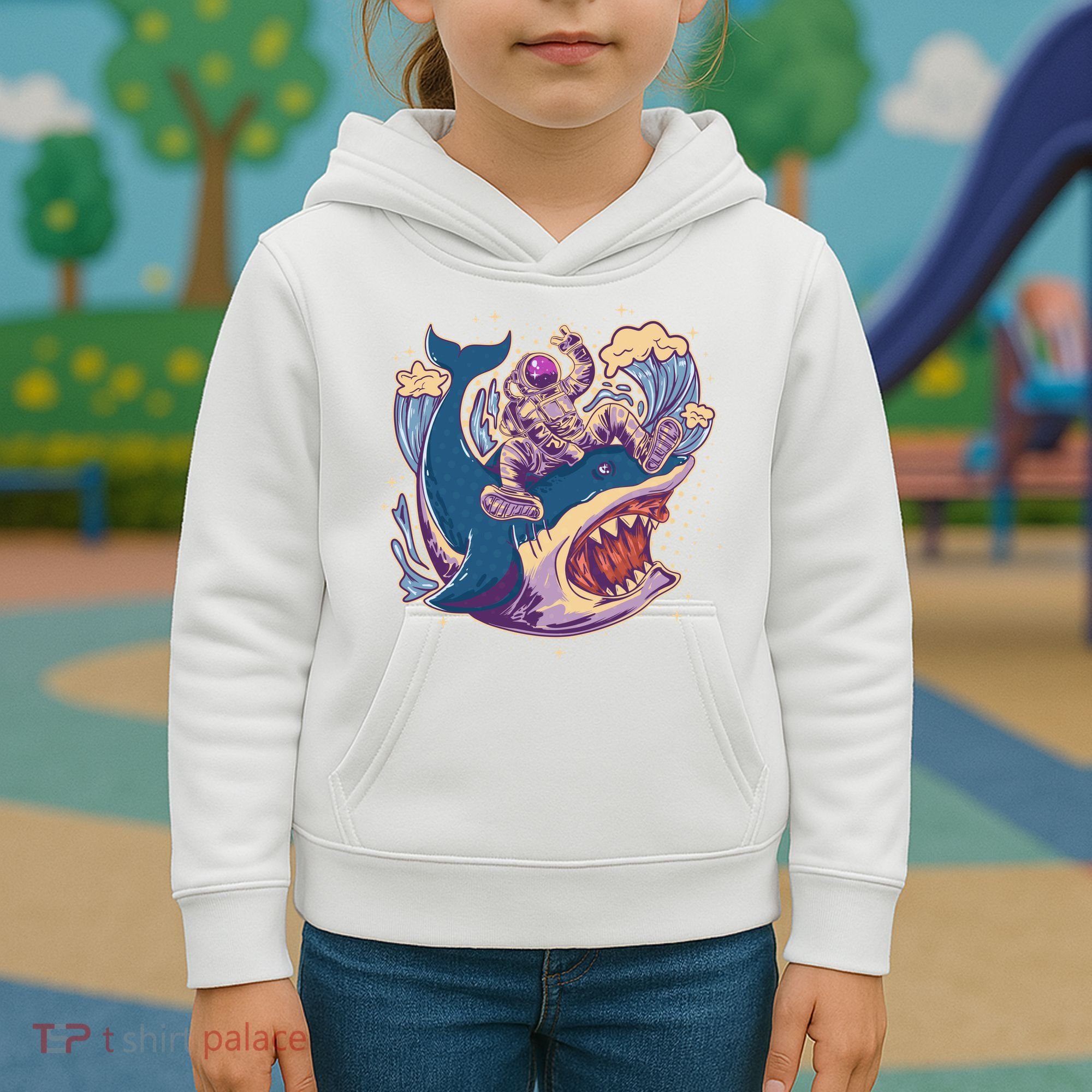 Funny Astronaut Riding Shark Kids Hoodie