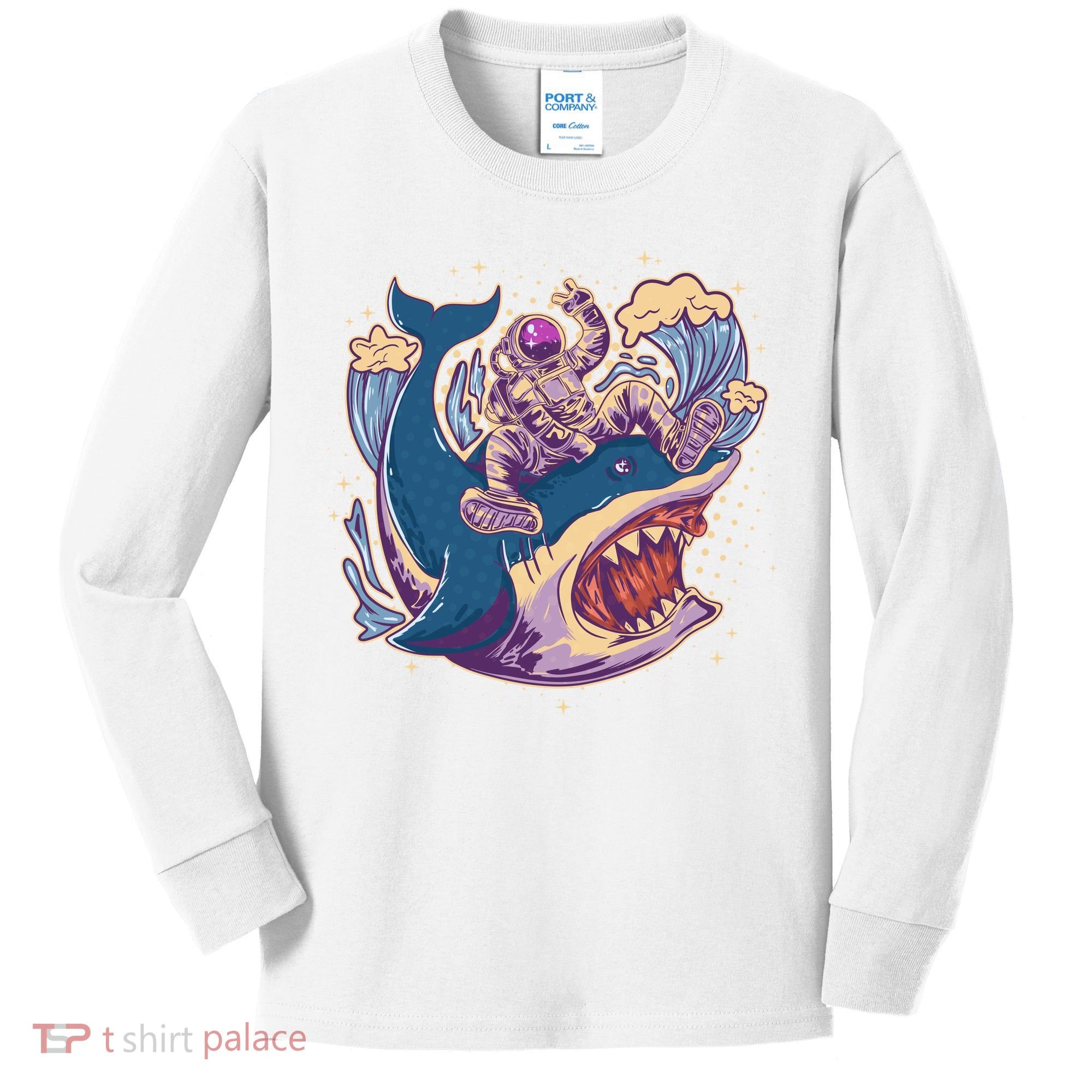 Funny Astronaut Riding Shark Kids Long Sleeve Shirt