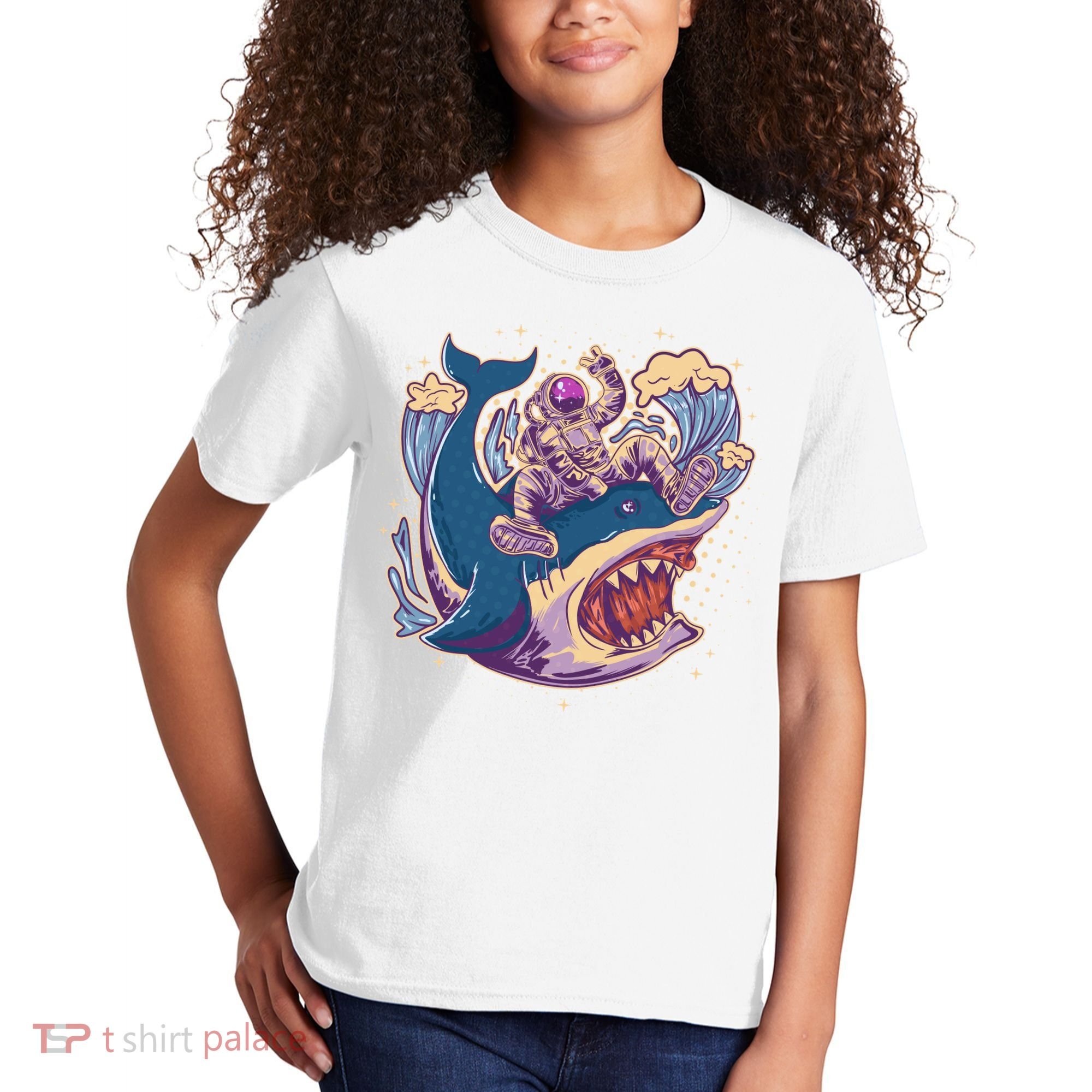 Funny Astronaut Riding Shark Kids T-Shirt