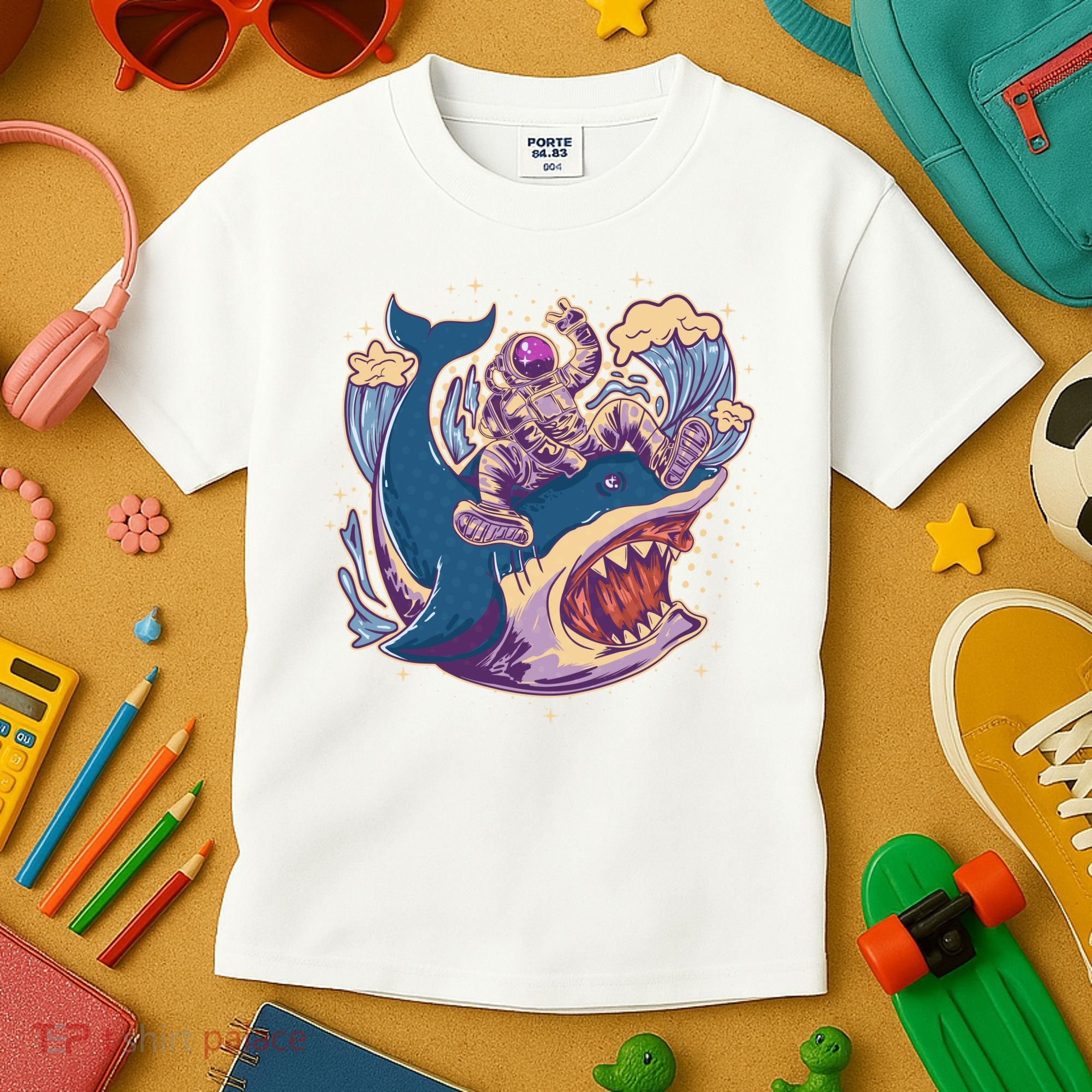 Funny Astronaut Riding Shark Kids T-Shirt