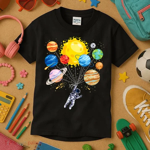 Funny Astronaut Space Balloon Planet Science Solar System Kids T-Shirt