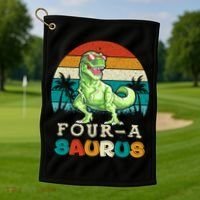 Four A Saurus Birthday T Rex 4 Year Old Dino 4th Dinosaur Gift Golf Towel thumb 1