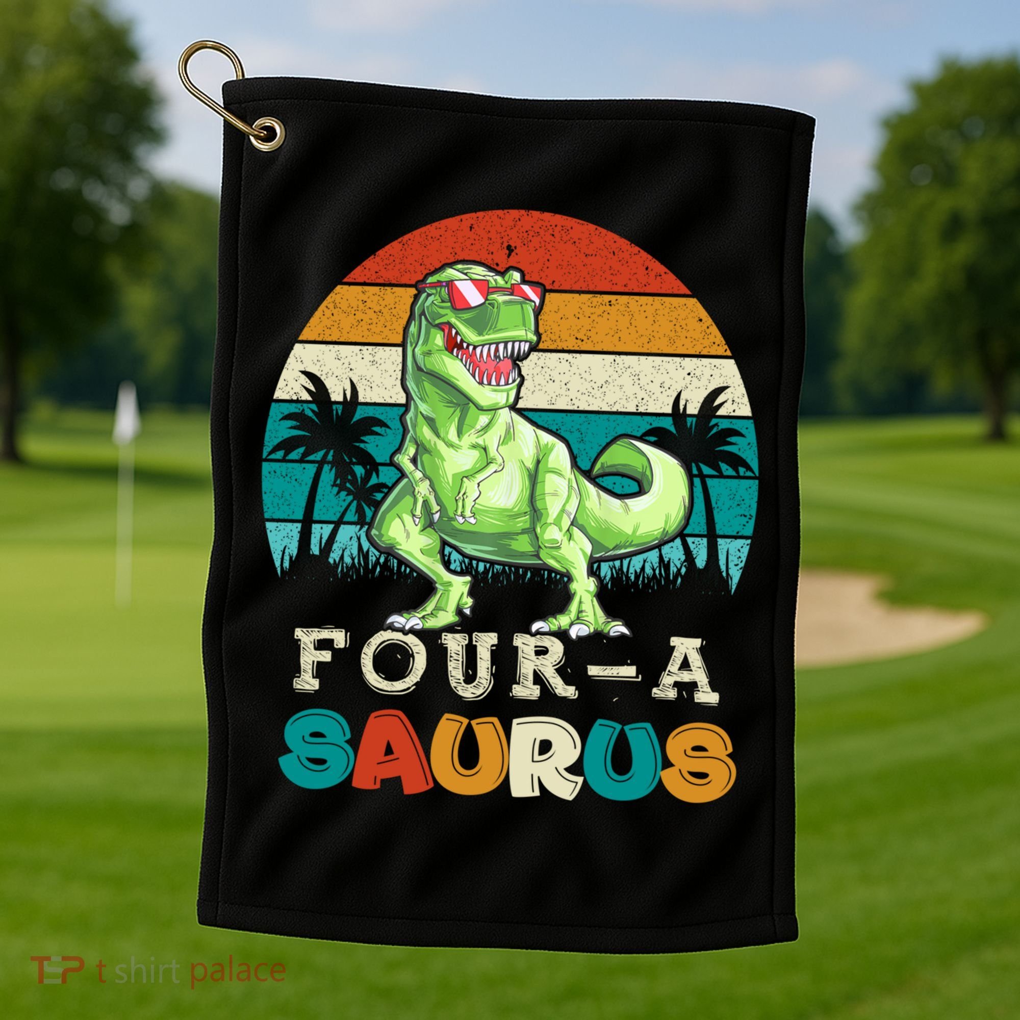 Four A Saurus Birthday T Rex 4 Year Old Dino 4th Dinosaur Gift Golf Towel