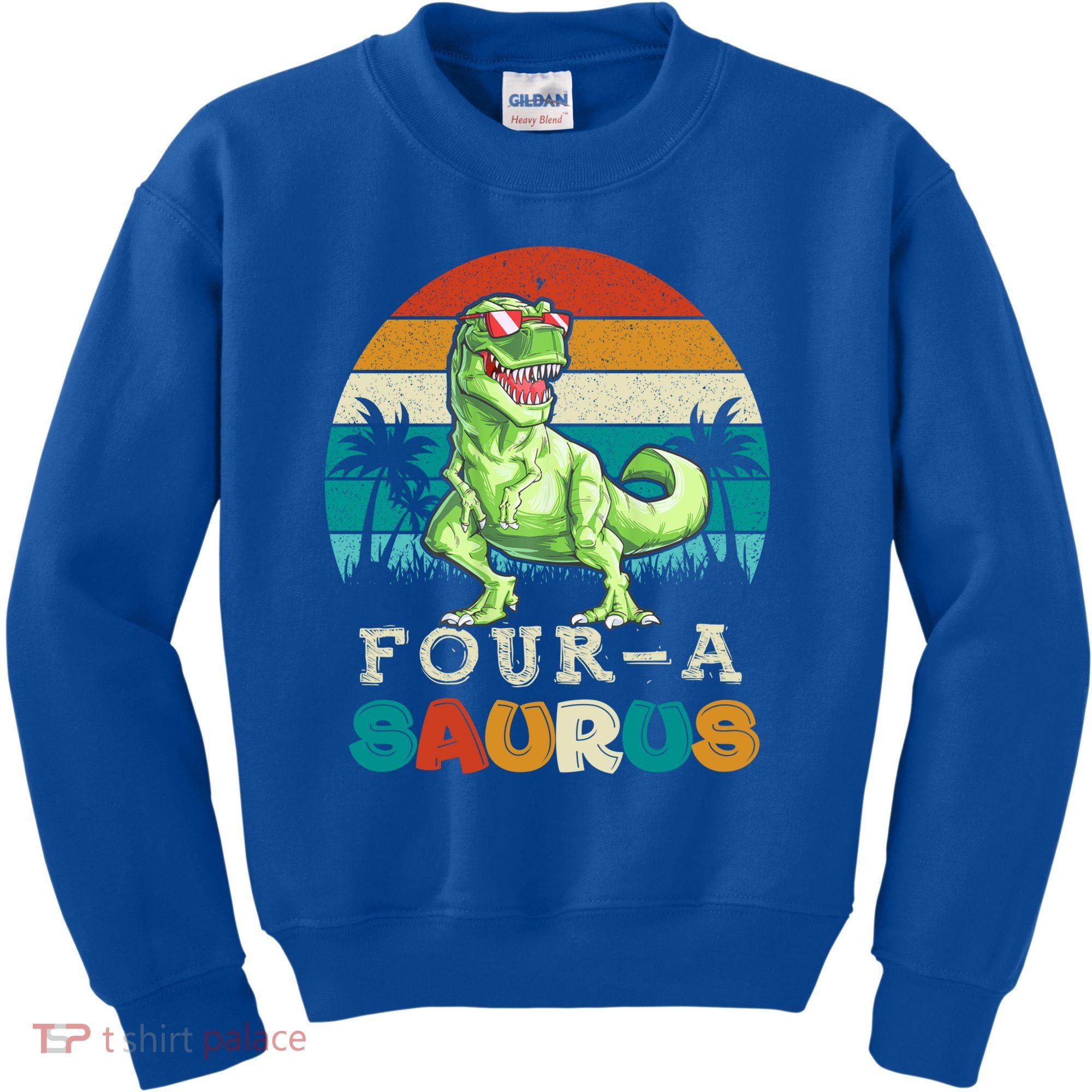Four A Saurus Birthday T Rex 4 Year Old Dino 4th Dinosaur Gift Kids Sweatshirt