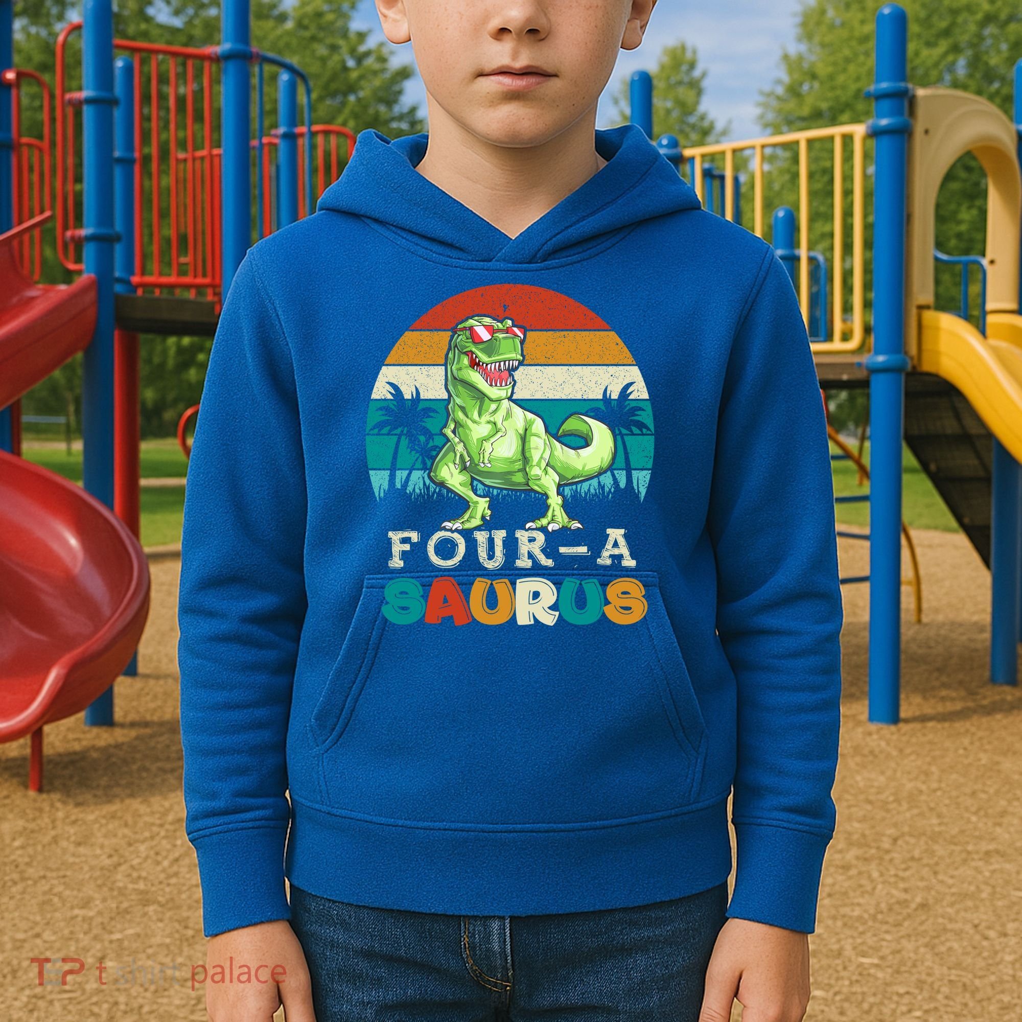 Four A Saurus Birthday T Rex 4 Year Old Dino 4th Dinosaur Gift Kids Hoodie