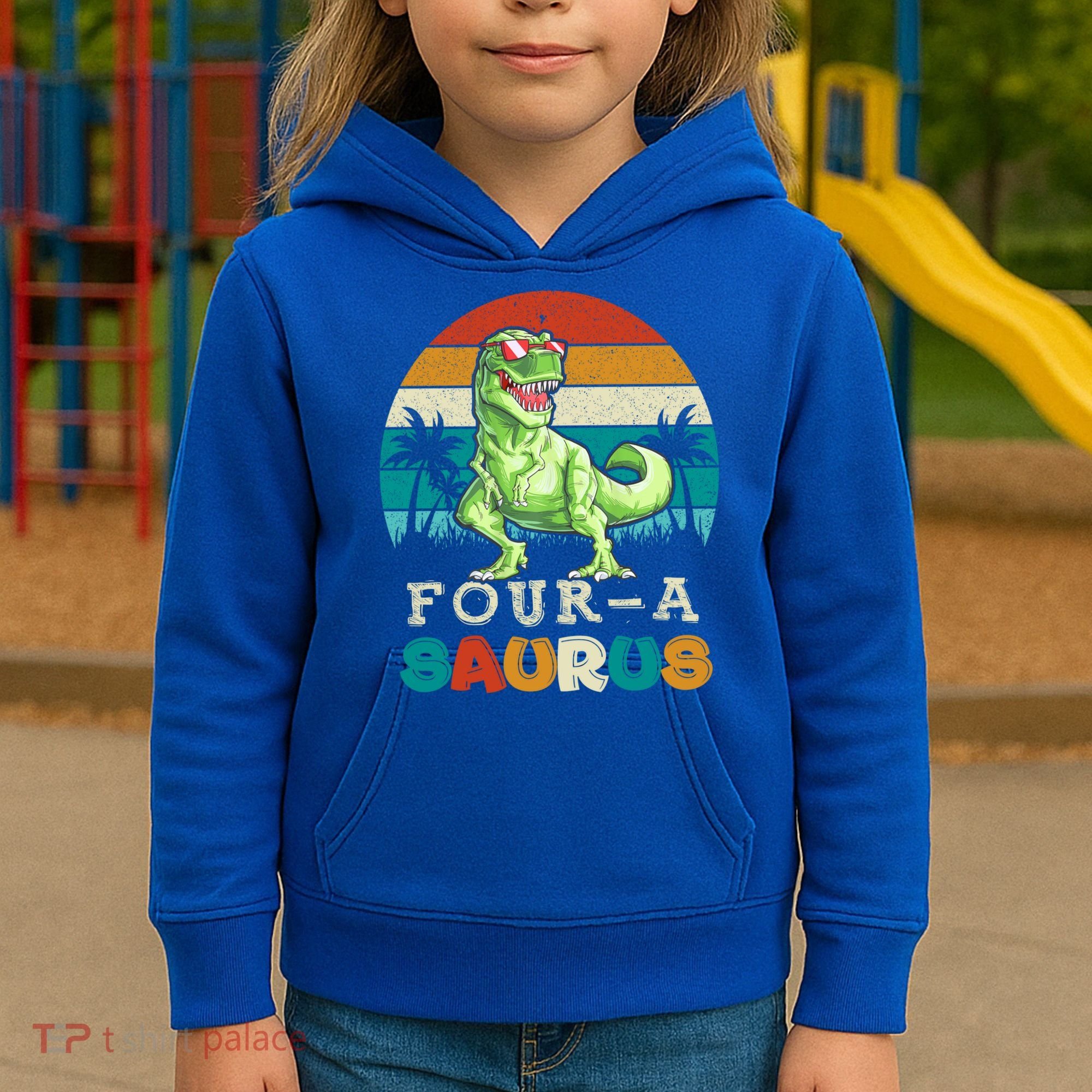 Four A Saurus Birthday T Rex 4 Year Old Dino 4th Dinosaur Gift Kids Hoodie