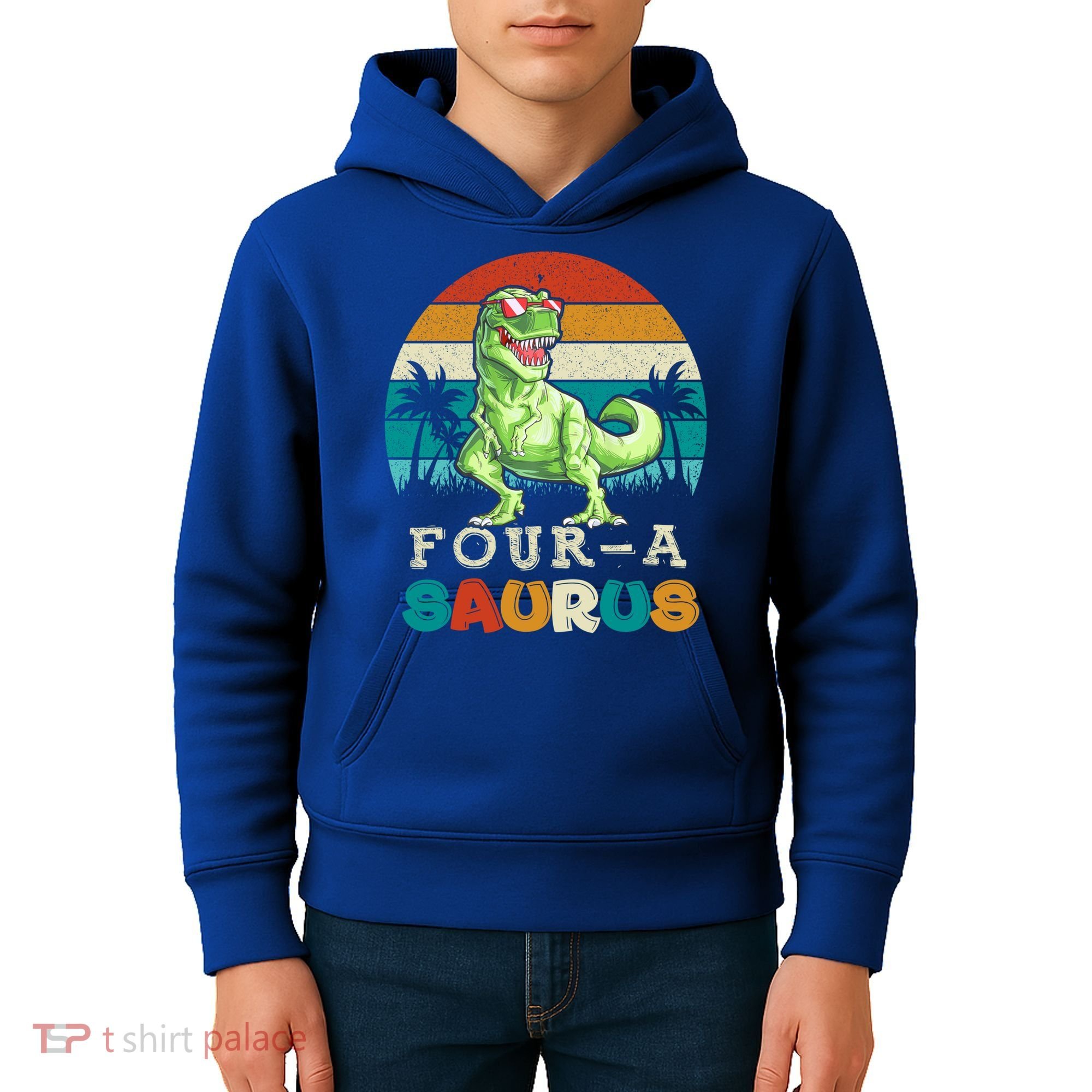 Four A Saurus Birthday T Rex 4 Year Old Dino 4th Dinosaur Gift Kids Hoodie