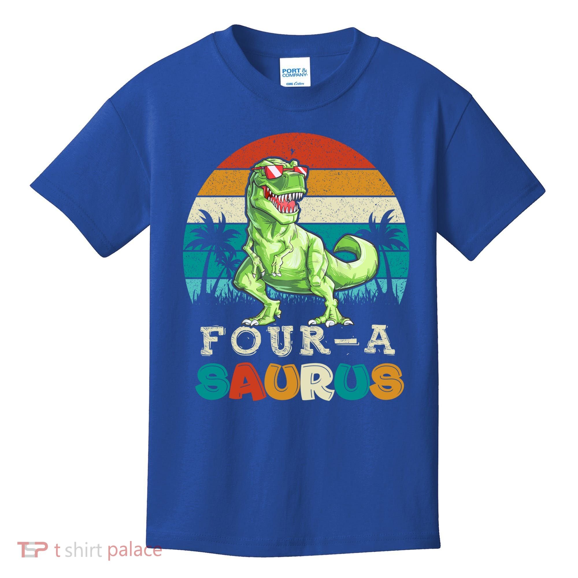 Four A Saurus Birthday T Rex 4 Year Old Dino 4th Dinosaur Gift Kids T-Shirt