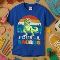 Four A Saurus Birthday T Rex 4 Year Old Dino 4th Dinosaur Gift Kids T-Shirt thumb 3