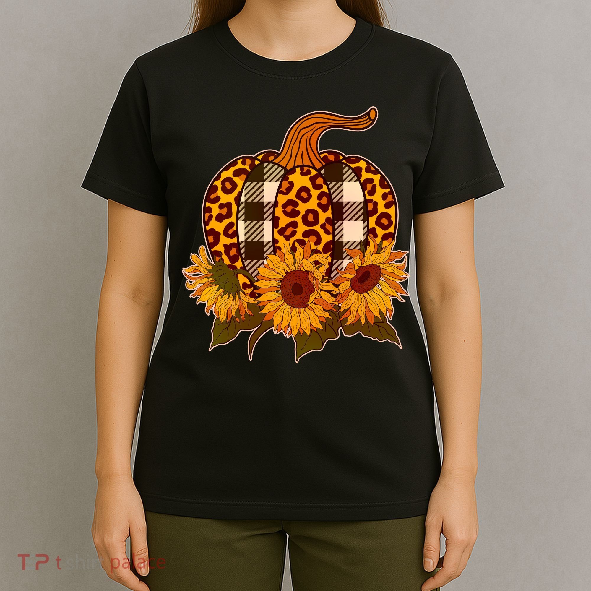 Fashion Autumn Leopard Buffalo Plaid Pumpkin T-Shirt