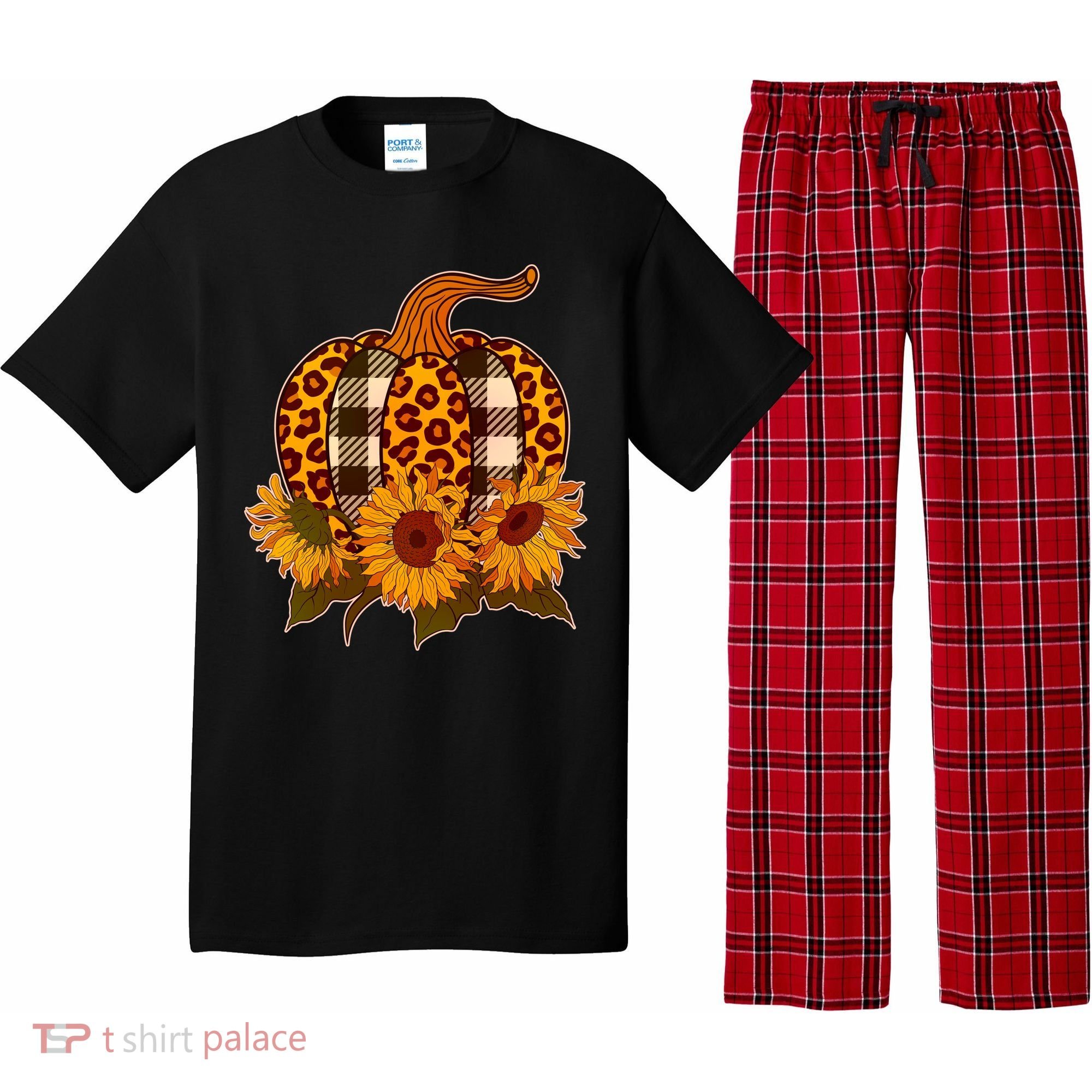 Fashion Autumn Leopard Buffalo Plaid Pumpkin Pajama Set