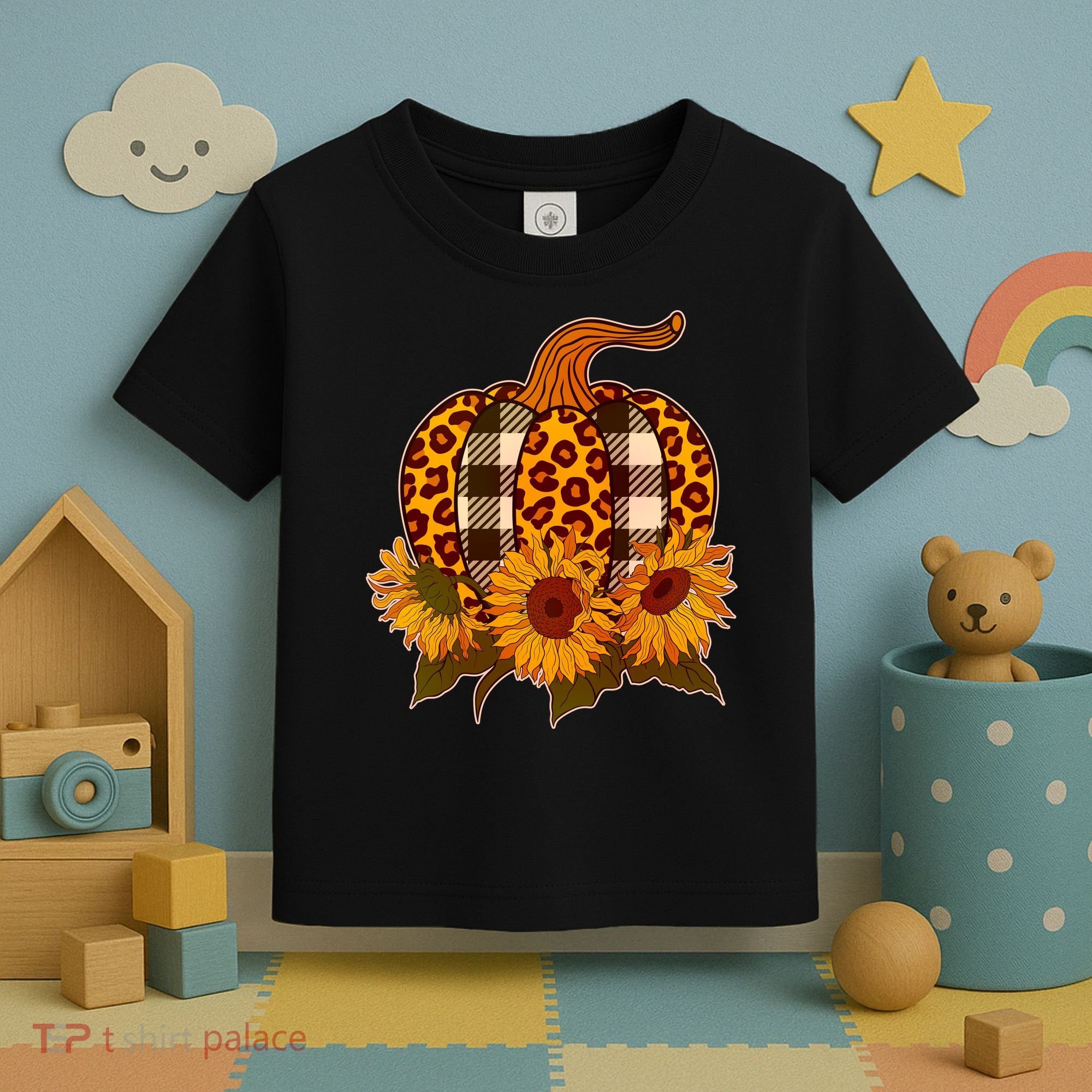 Fashion Autumn Leopard Buffalo Plaid Pumpkin Toddler T-Shirt