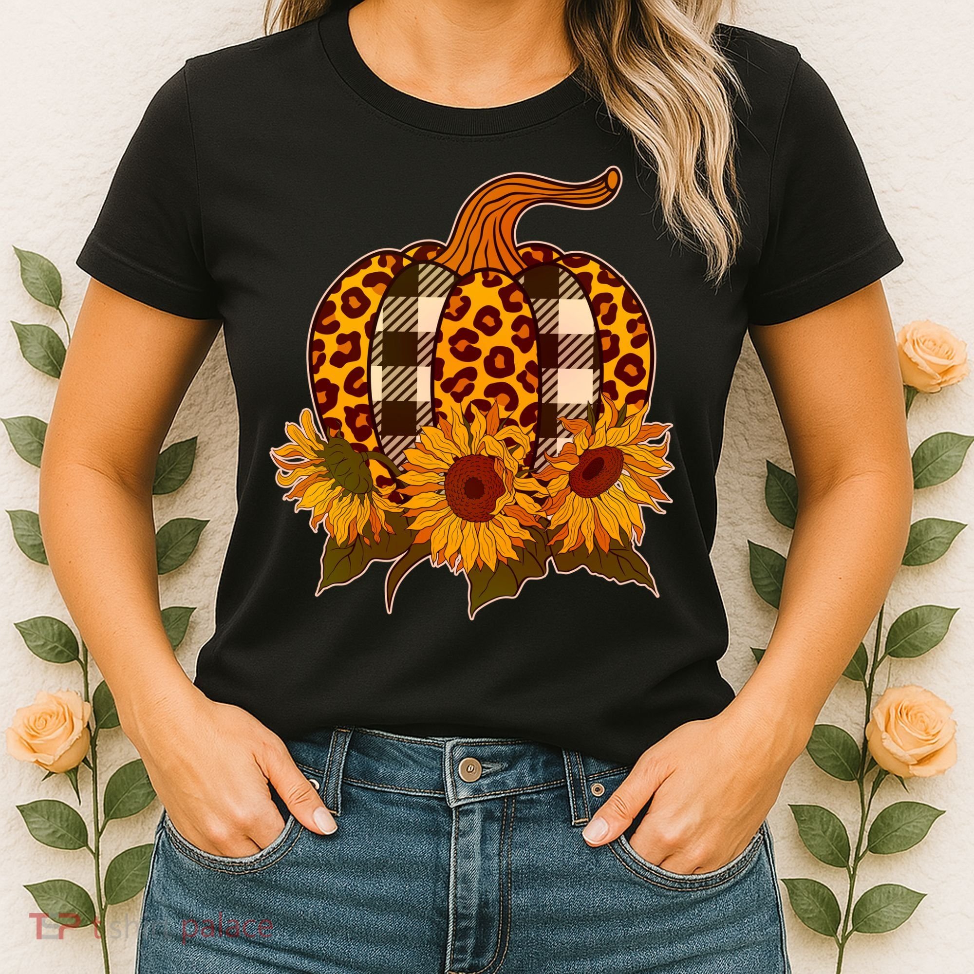 Fashion Autumn Leopard Buffalo Plaid Pumpkin Women's T-Shirt