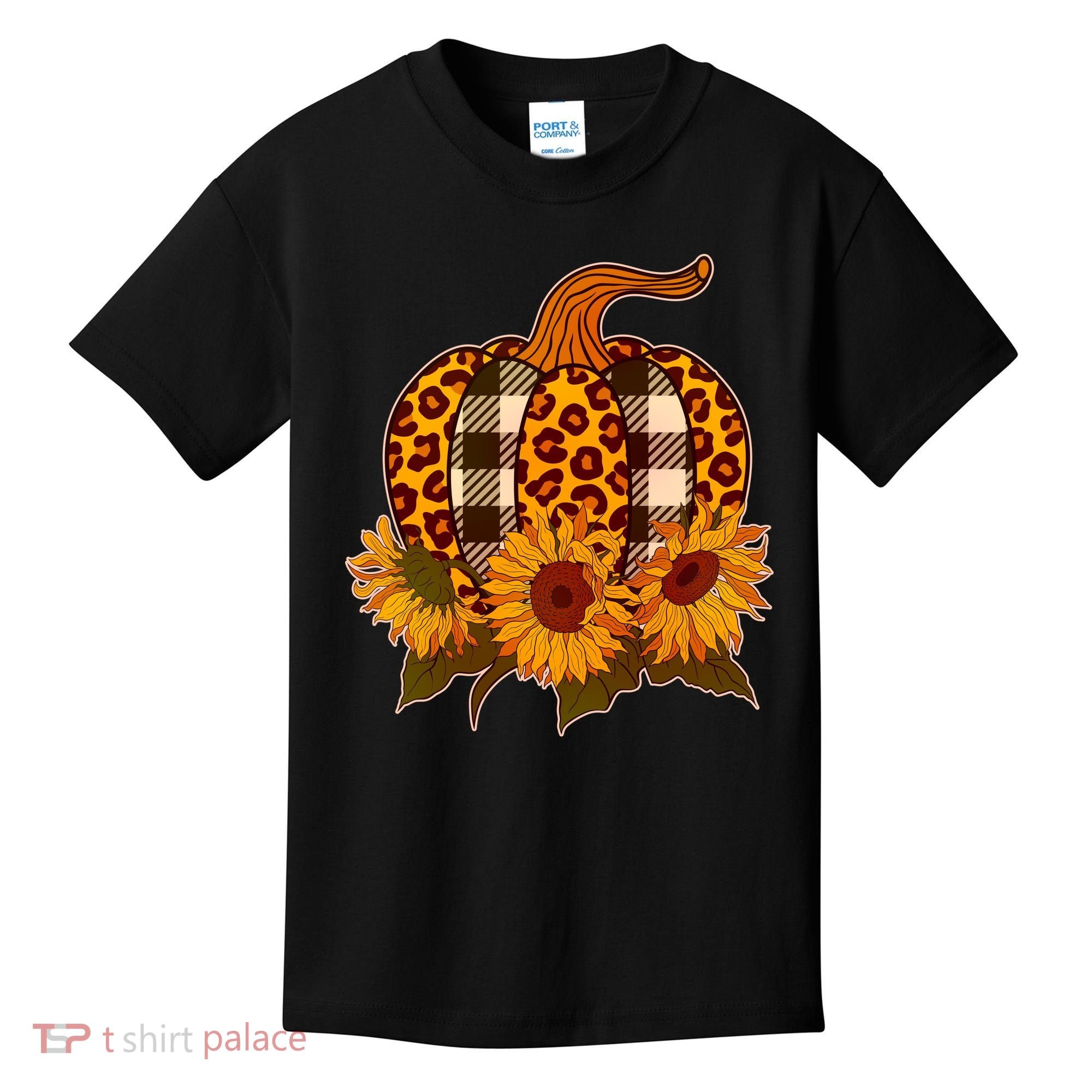 Fashion Autumn Leopard Buffalo Plaid Pumpkin Kids T-Shirt