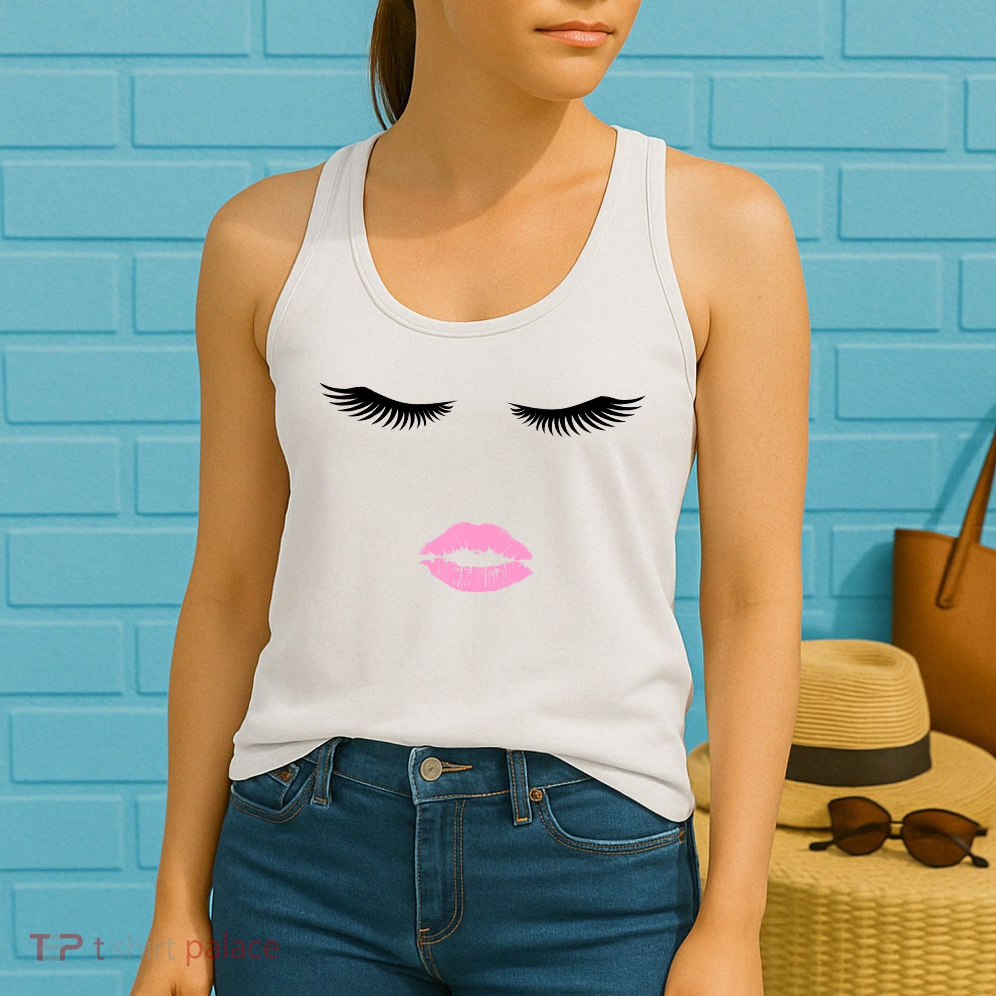 Fashion Style Eyelash Lips Lashes Pink Lipstick Women's Tank Top
