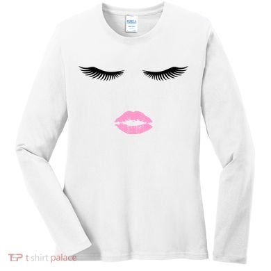 Fashion Style Eyelash Lips Lashes Pink Lipstick Women's Long Sleeve Shirt