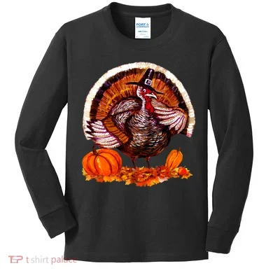 Fat Turkey Pumpkin Scene Kids Long Sleeve Shirt