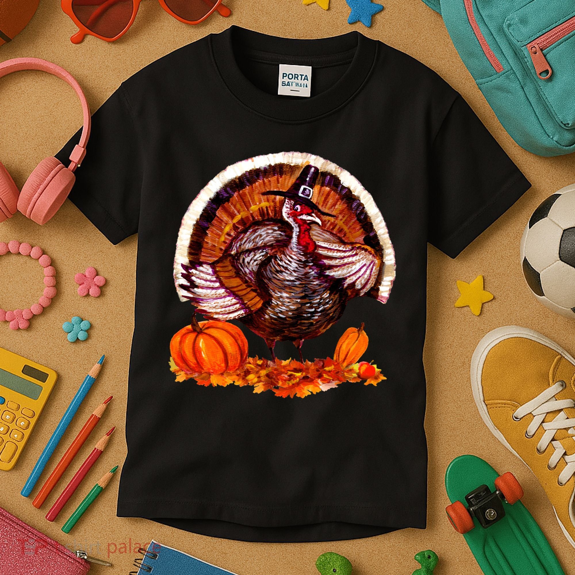 Fat Turkey Pumpkin Scene Kids T-Shirt