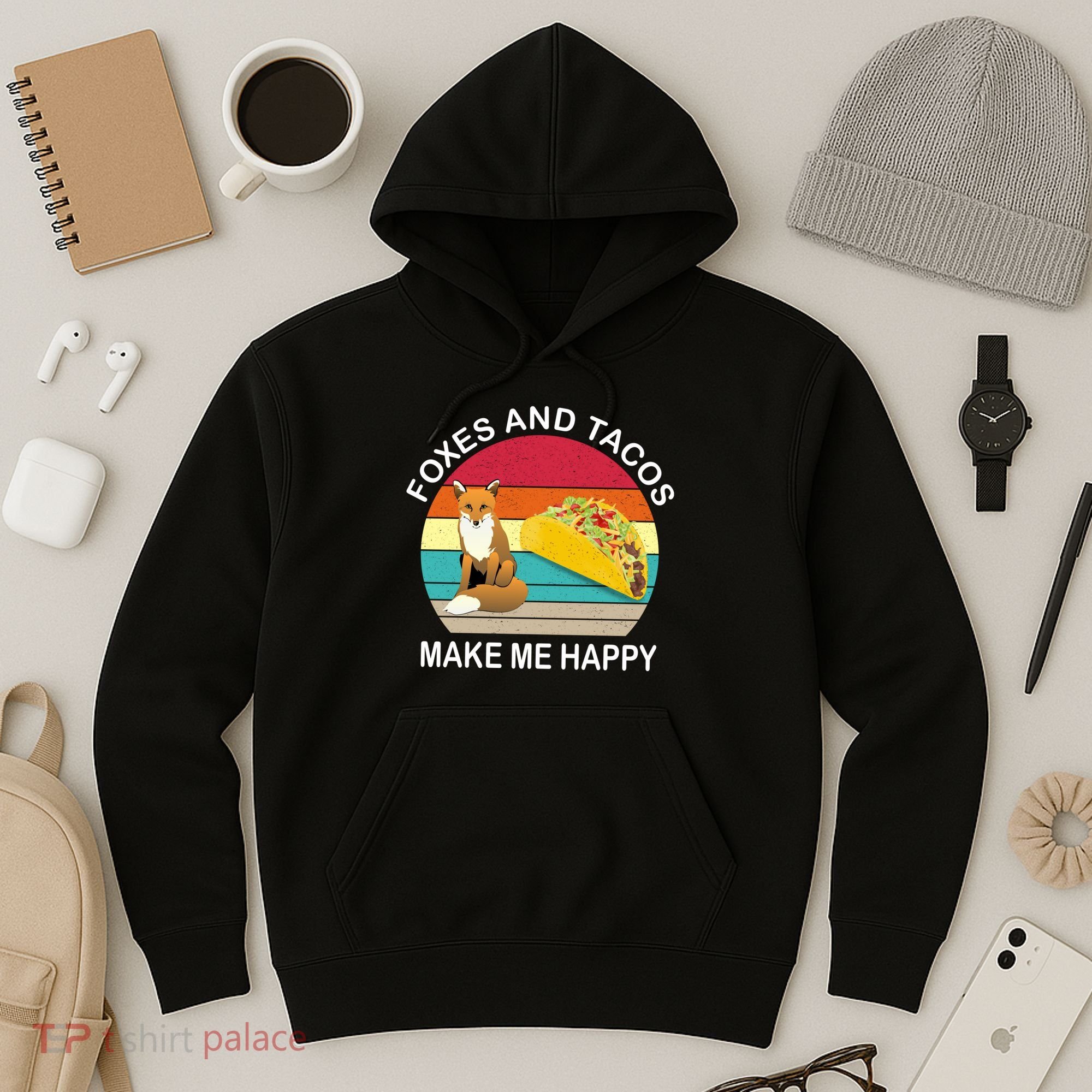 Foxes And Tacos Make Me Happy Retro Sunset Hoodie