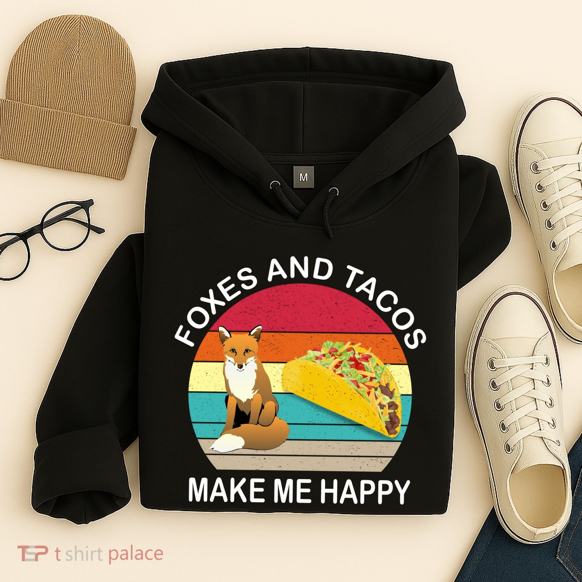 Foxes And Tacos Make Me Happy Retro Sunset Hoodie