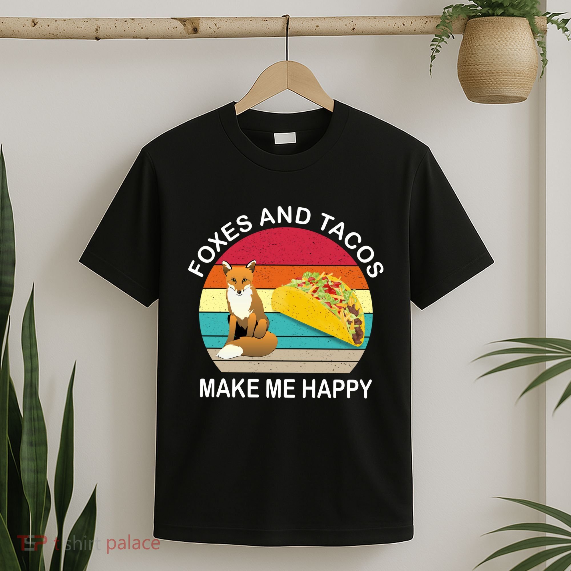 Foxes And Tacos Make Me Happy Retro Sunset T-Shirt