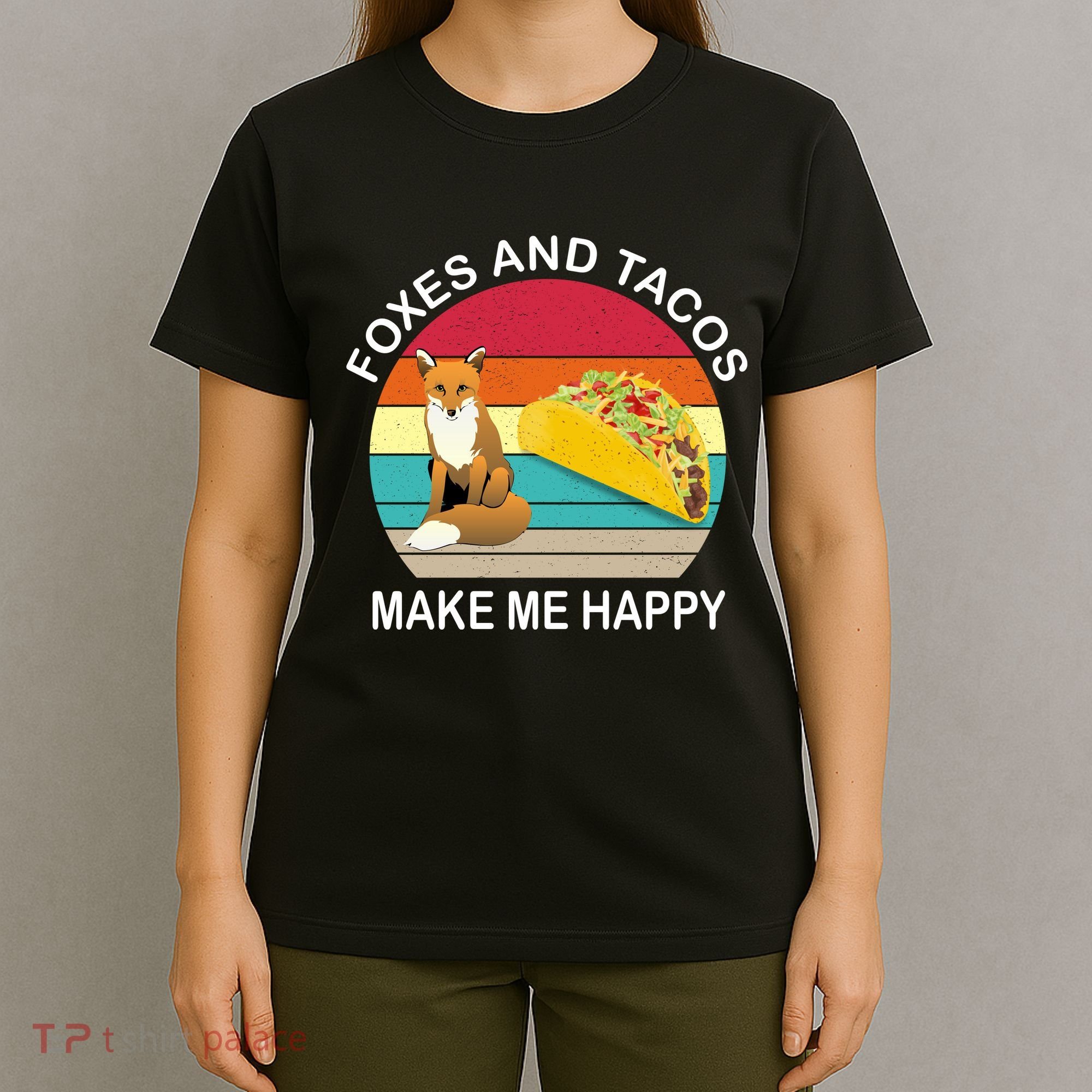 Foxes And Tacos Make Me Happy Retro Sunset T-Shirt