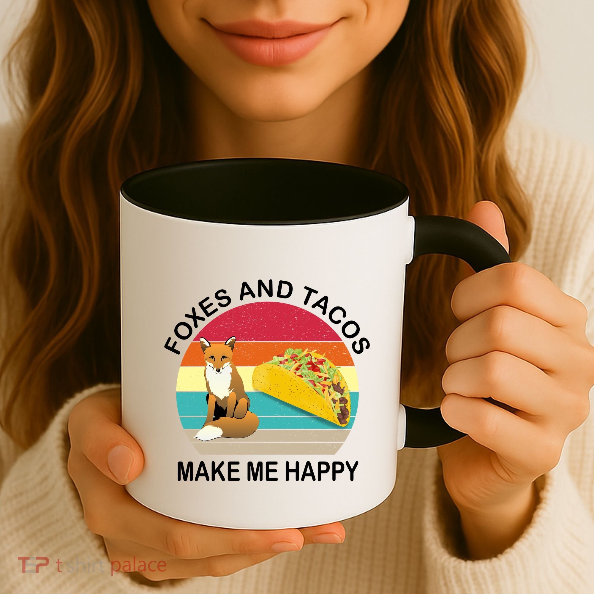 Foxes And Tacos Make Me Happy Retro Sunset Coffee Mug