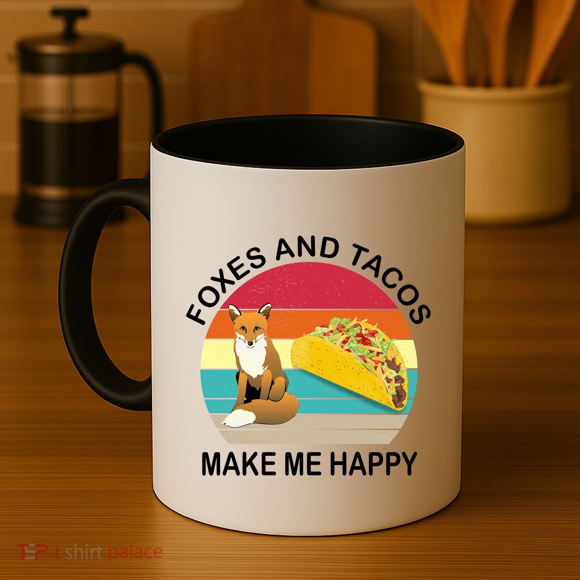 Foxes And Tacos Make Me Happy Retro Sunset Coffee Mug