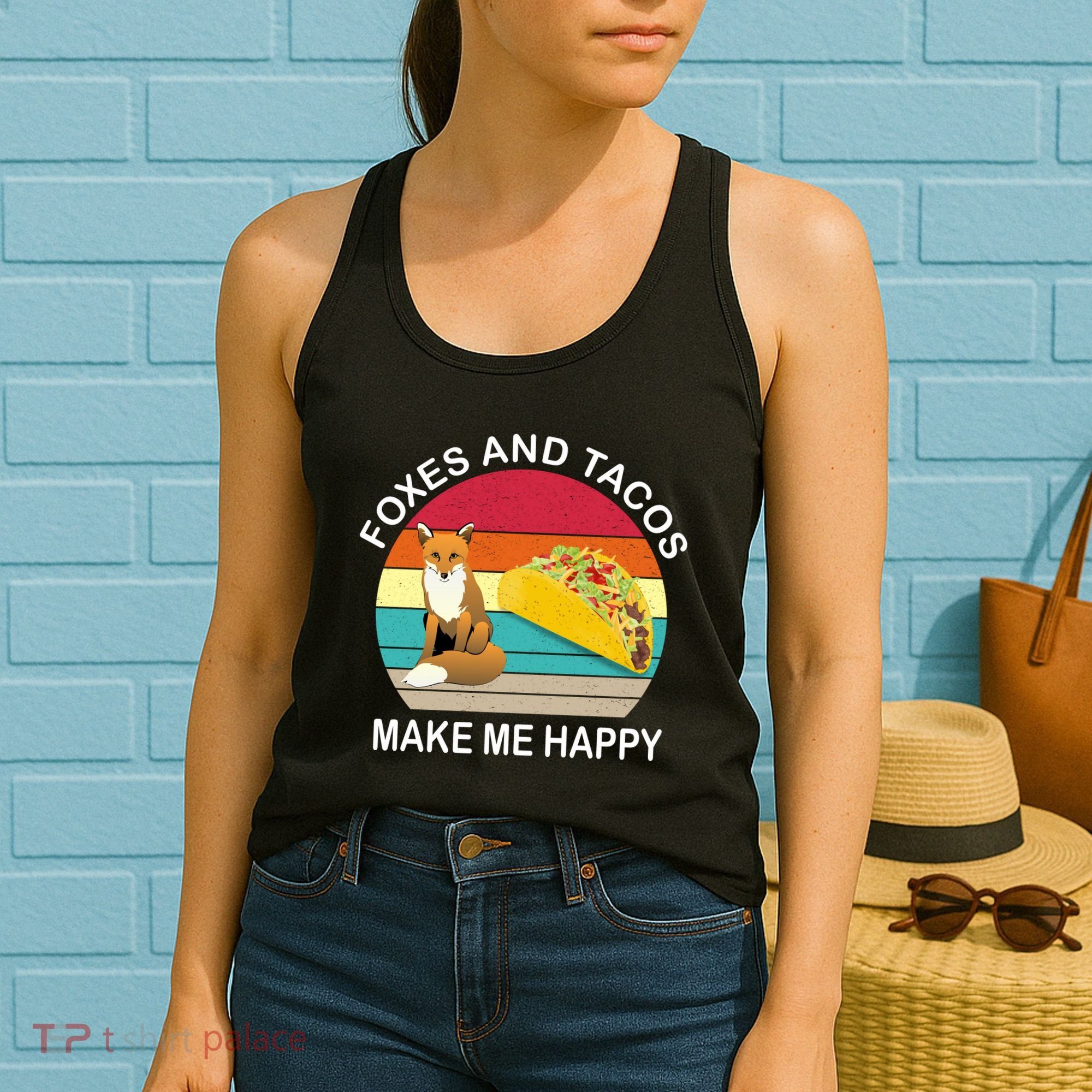 Foxes And Tacos Make Me Happy Retro Sunset Women's Tank Top